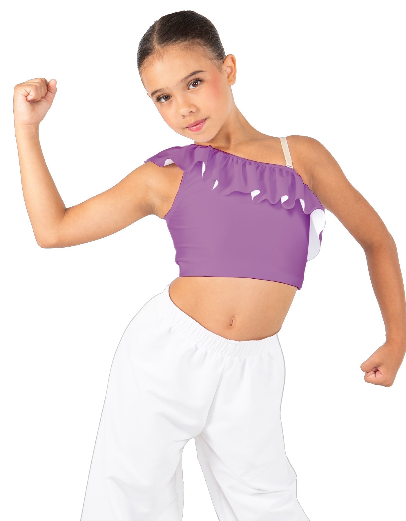 Solid Lycra One Shoulder Crop Top with Ruffle