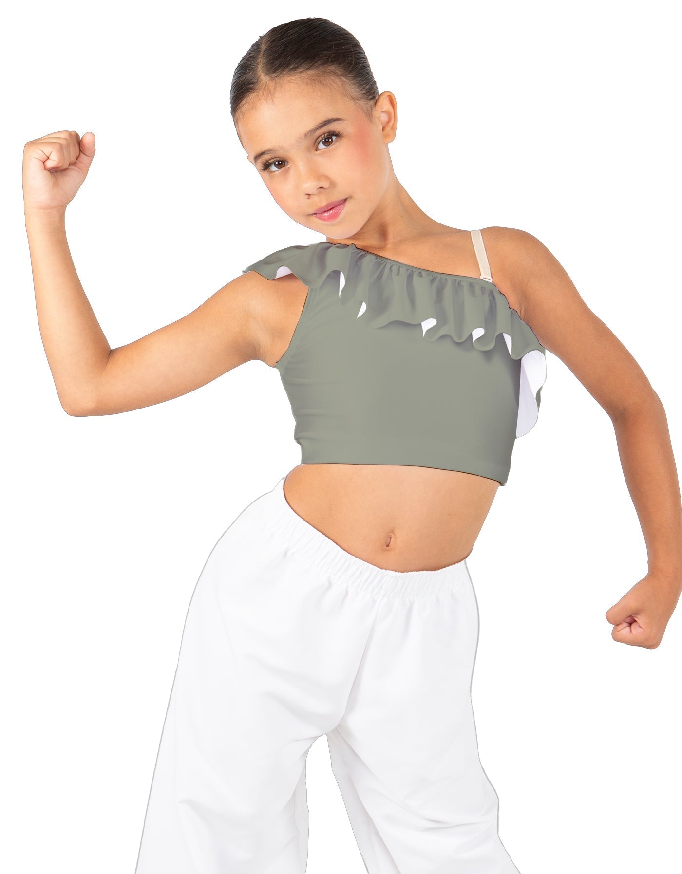Solid Lycra One Shoulder Crop Top with Ruffle