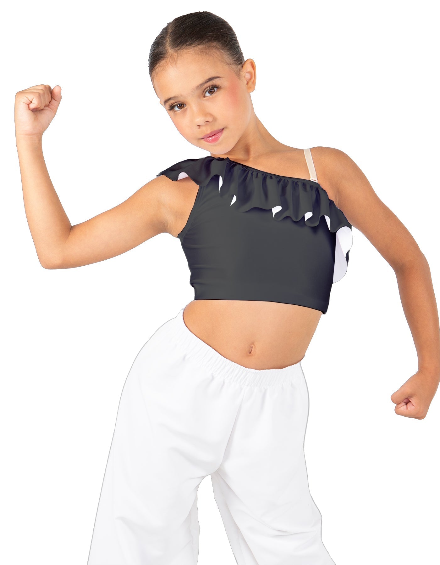 Solid Lycra One Shoulder Crop Top with Ruffle