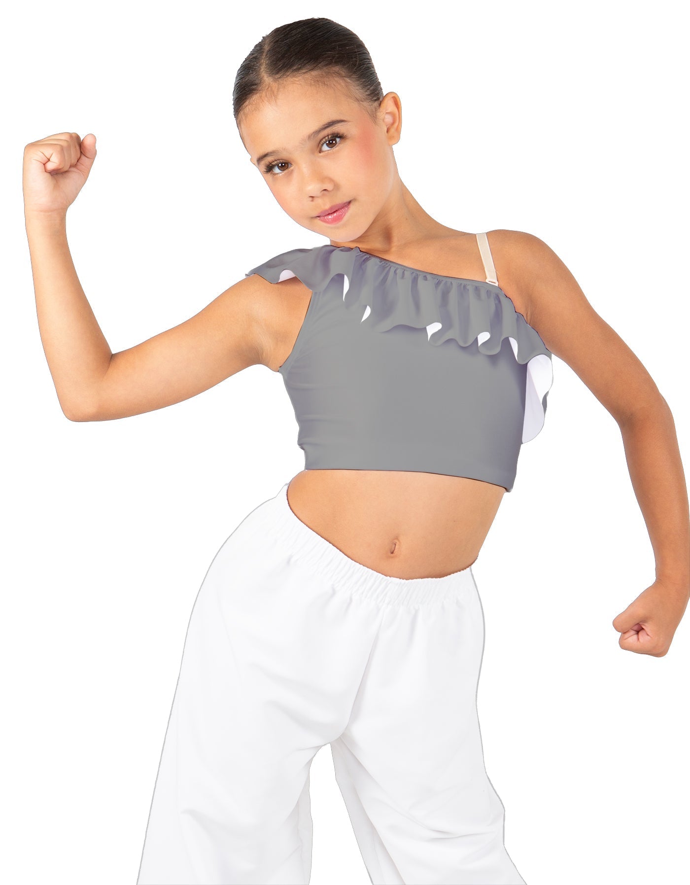 Solid Lycra One Shoulder Crop Top with Ruffle