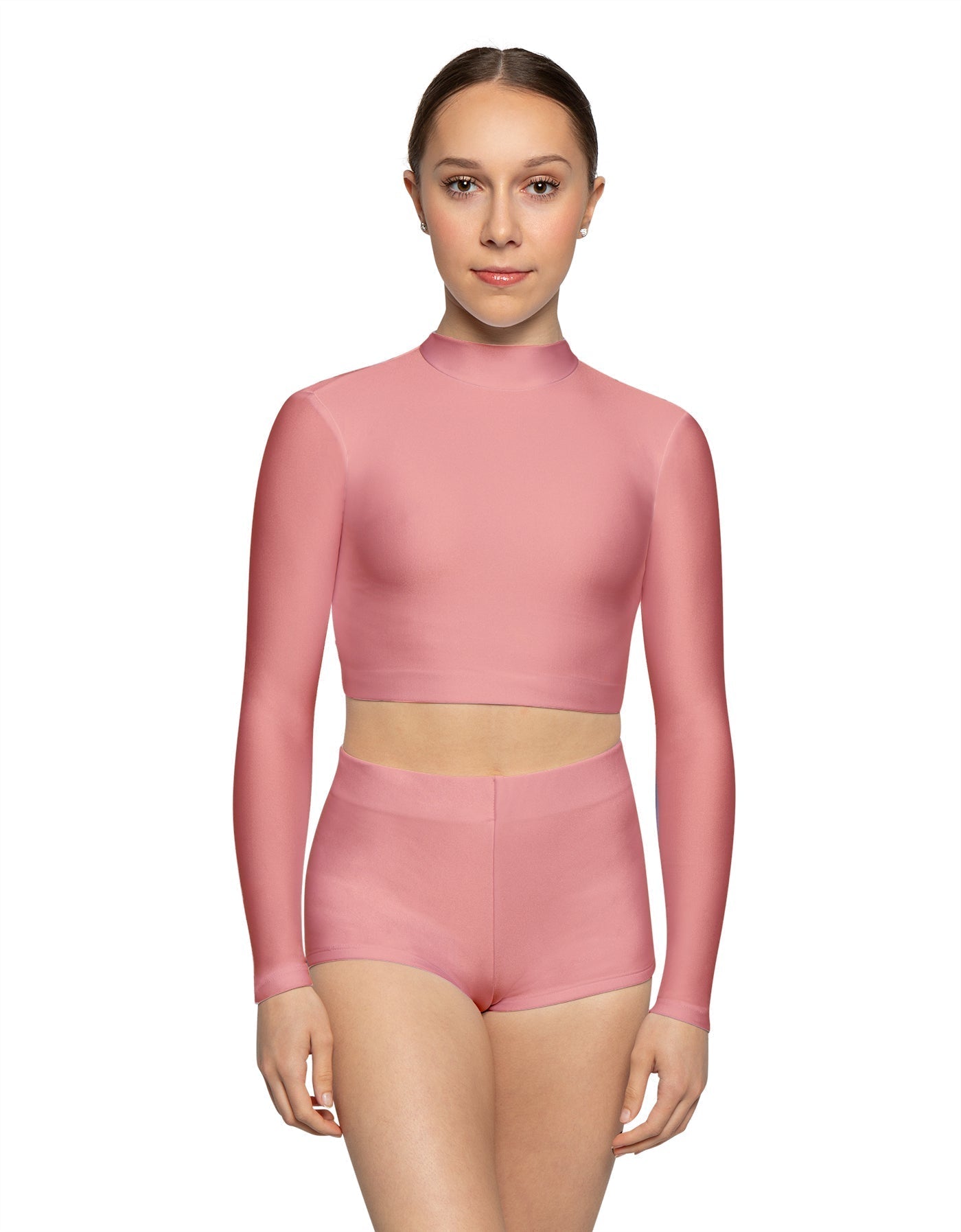 Solid Lycra LS Tneck Keyhole Back Crop Top