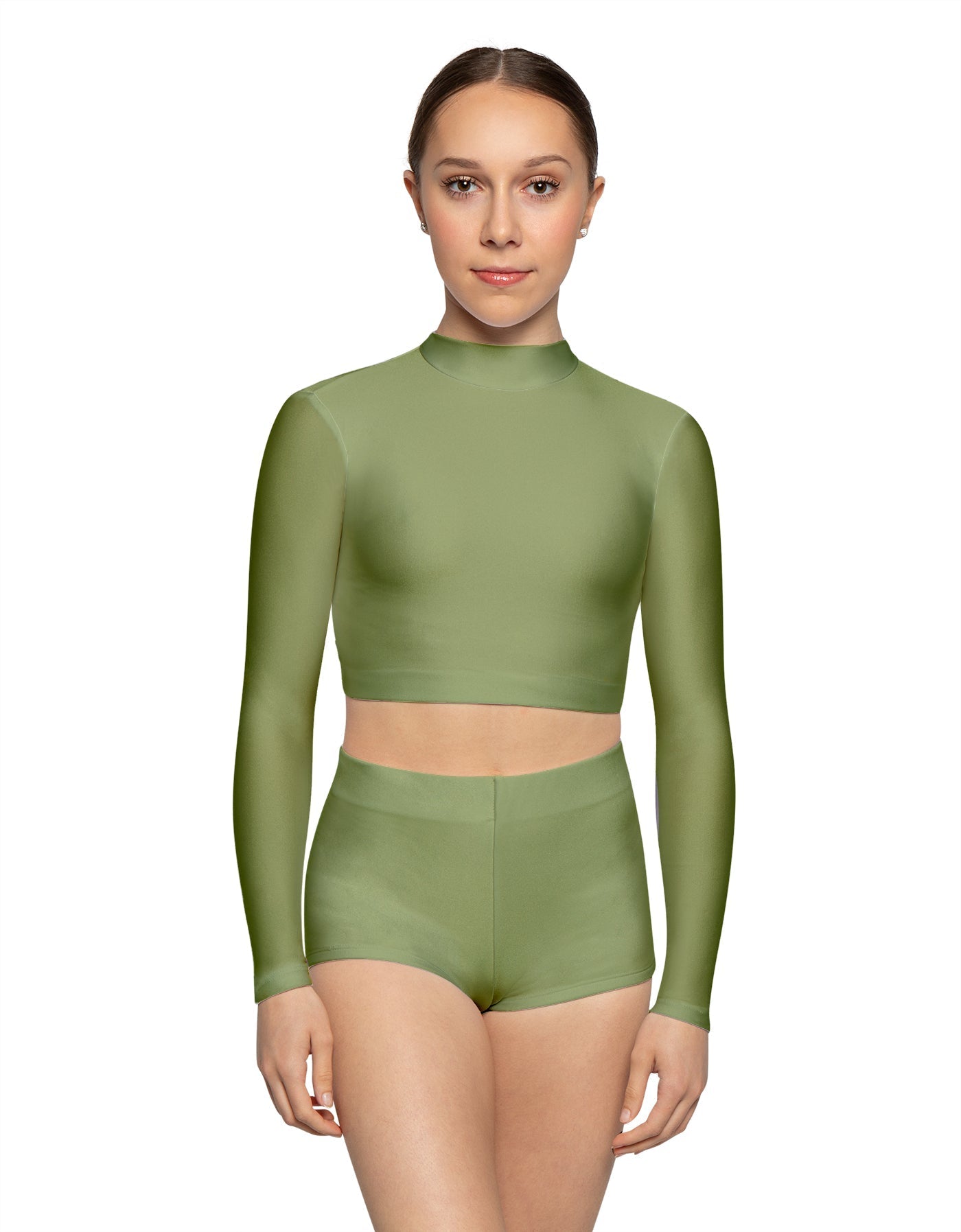 Solid Lycra LS Tneck Keyhole Back Crop Top