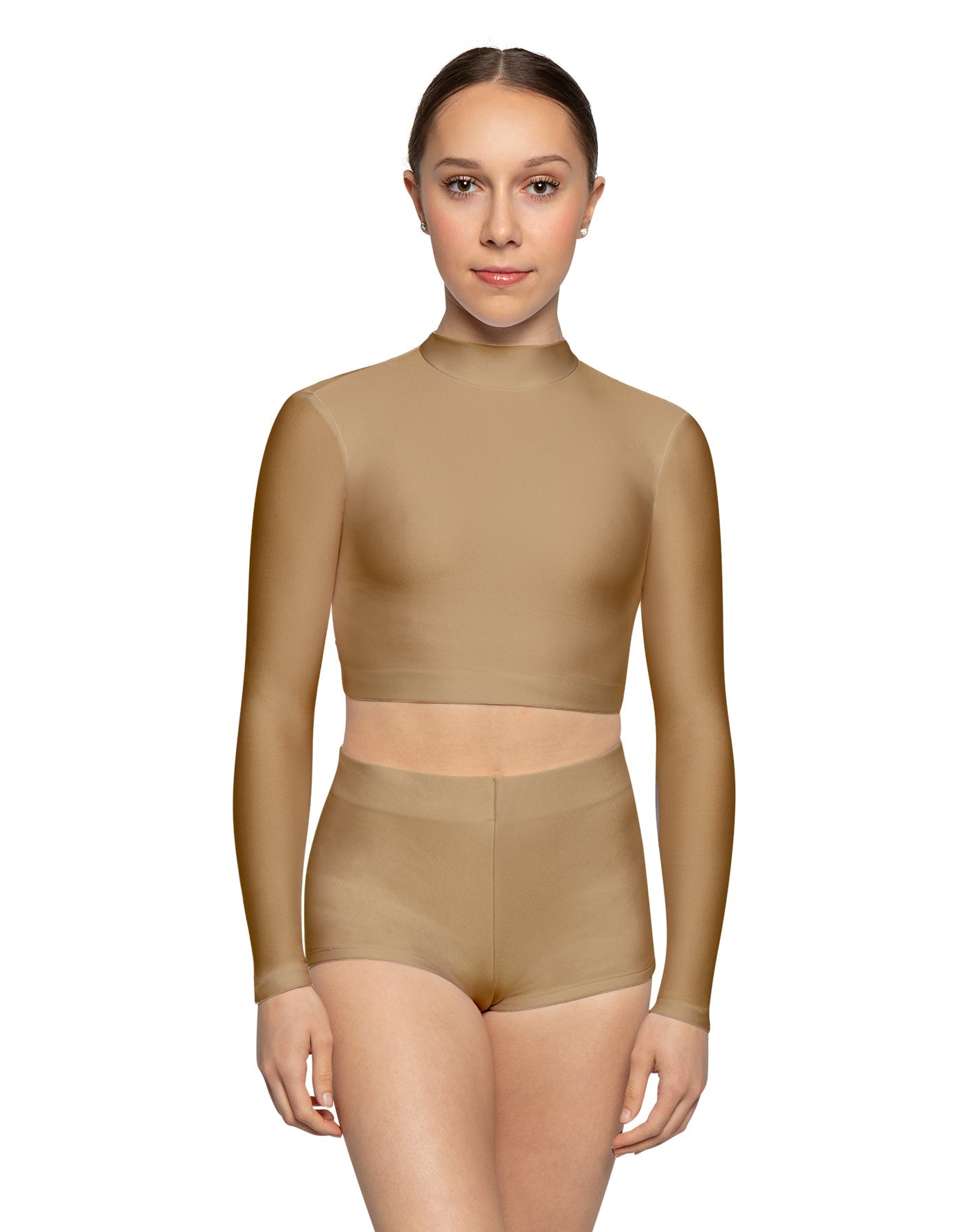 Solid Lycra LS Tneck Keyhole Back Crop Top