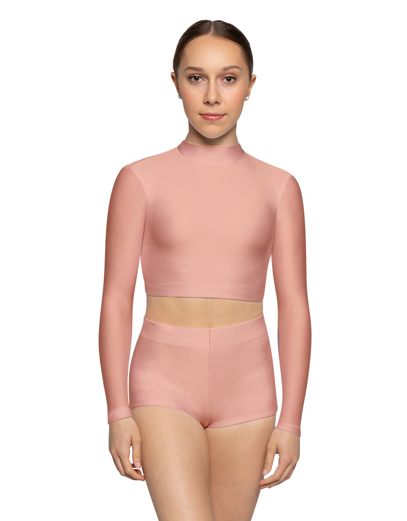 Solid Lycra LS Tneck Keyhole Back Crop Top