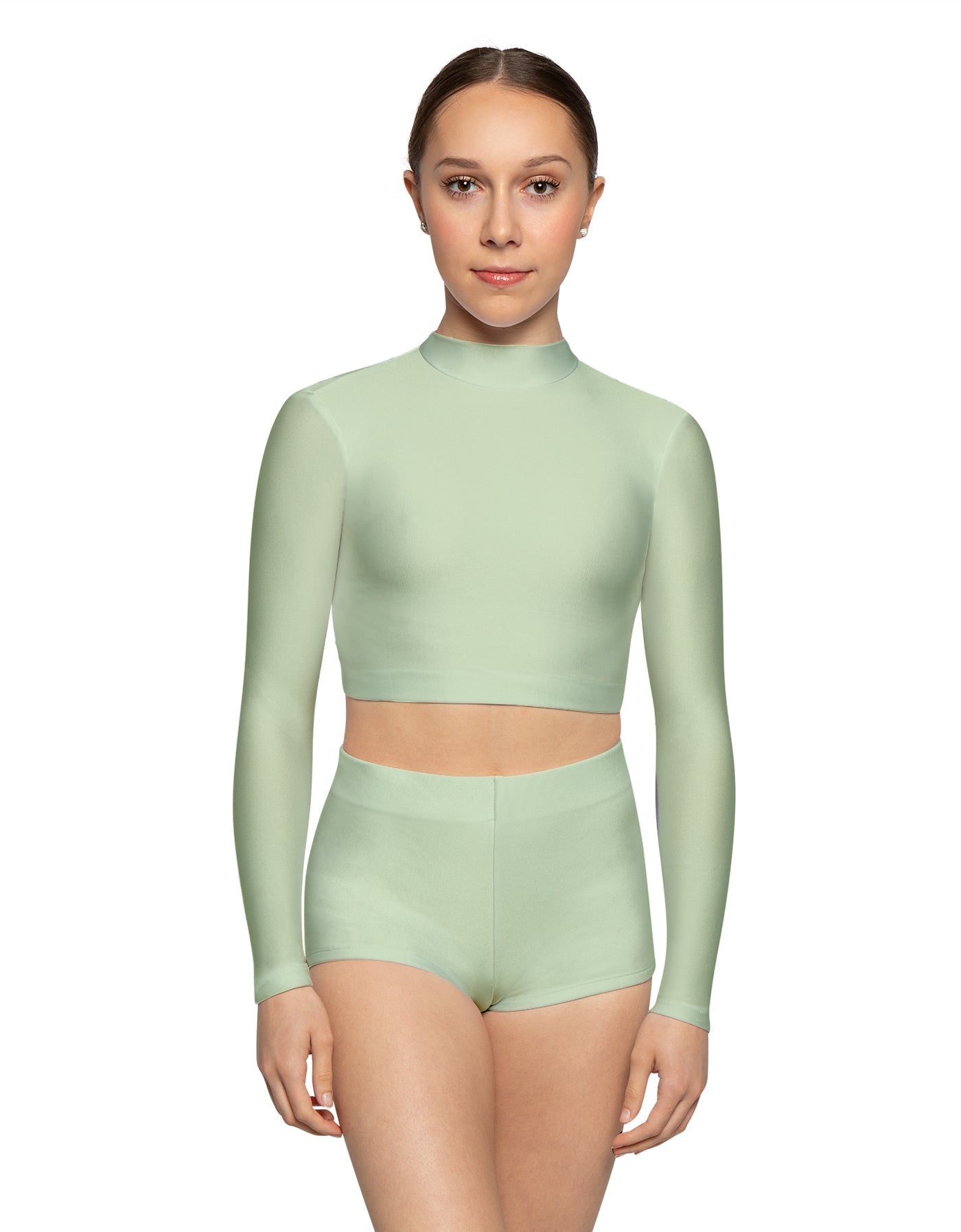 Solid Lycra LS Tneck Keyhole Back Crop Top