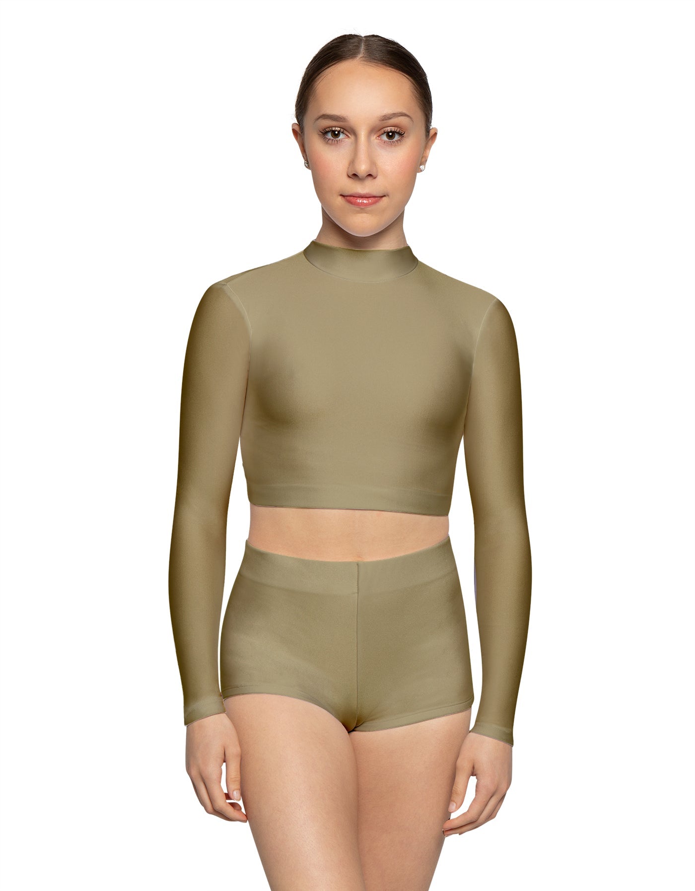 Solid Lycra LS Tneck Keyhole Back Crop Top