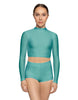 Solid Lycra LS Tneck Keyhole Back Crop Top