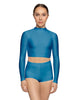 Solid Lycra LS Tneck Keyhole Back Crop Top