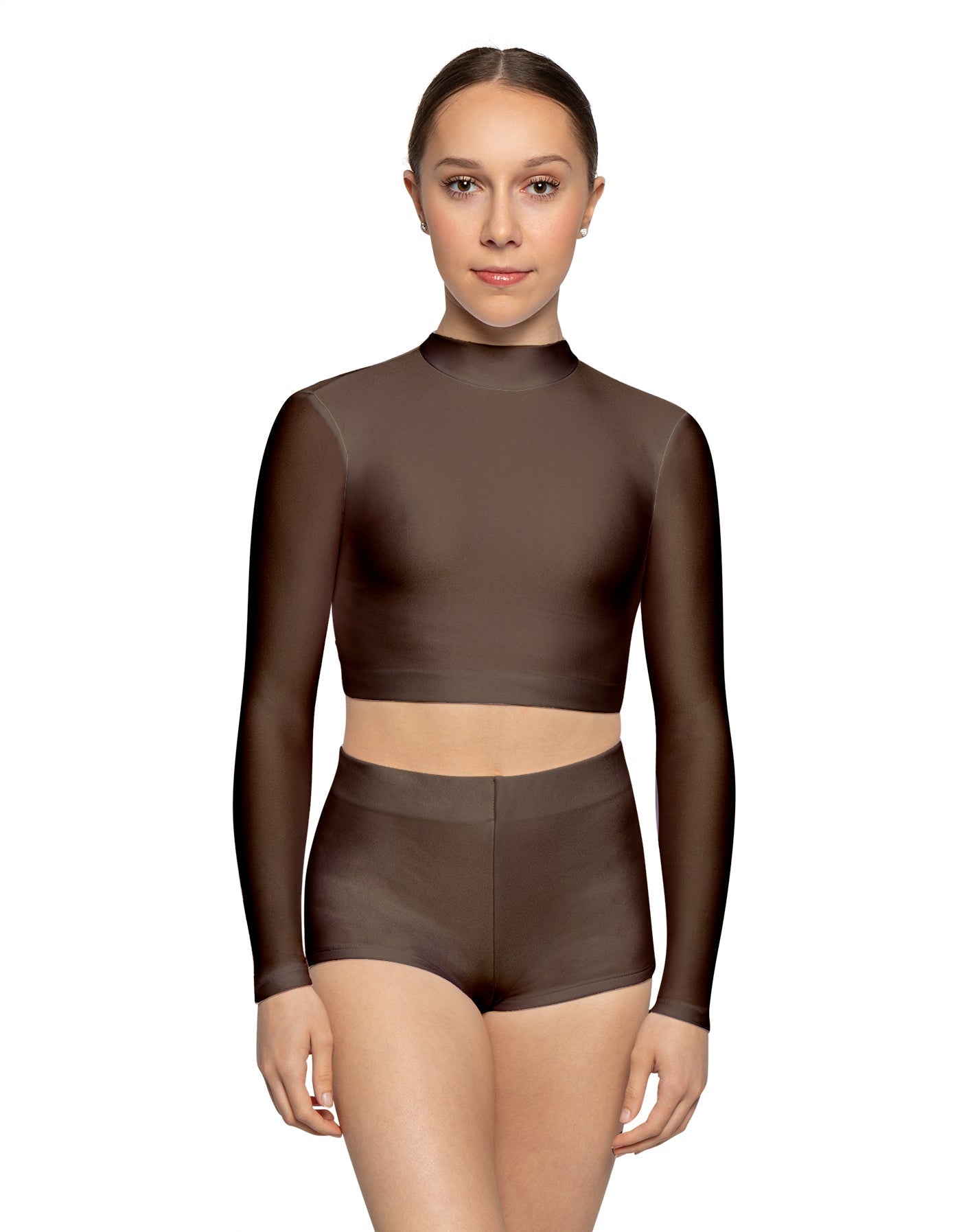 Solid Lycra LS Tneck Keyhole Back Crop Top