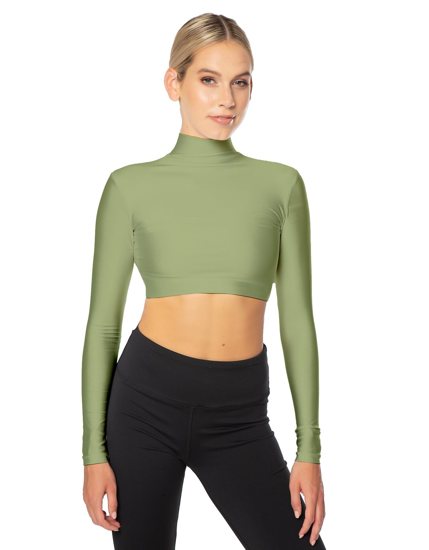 Solid Lycra LS Tneck Triangle Back Crop Top