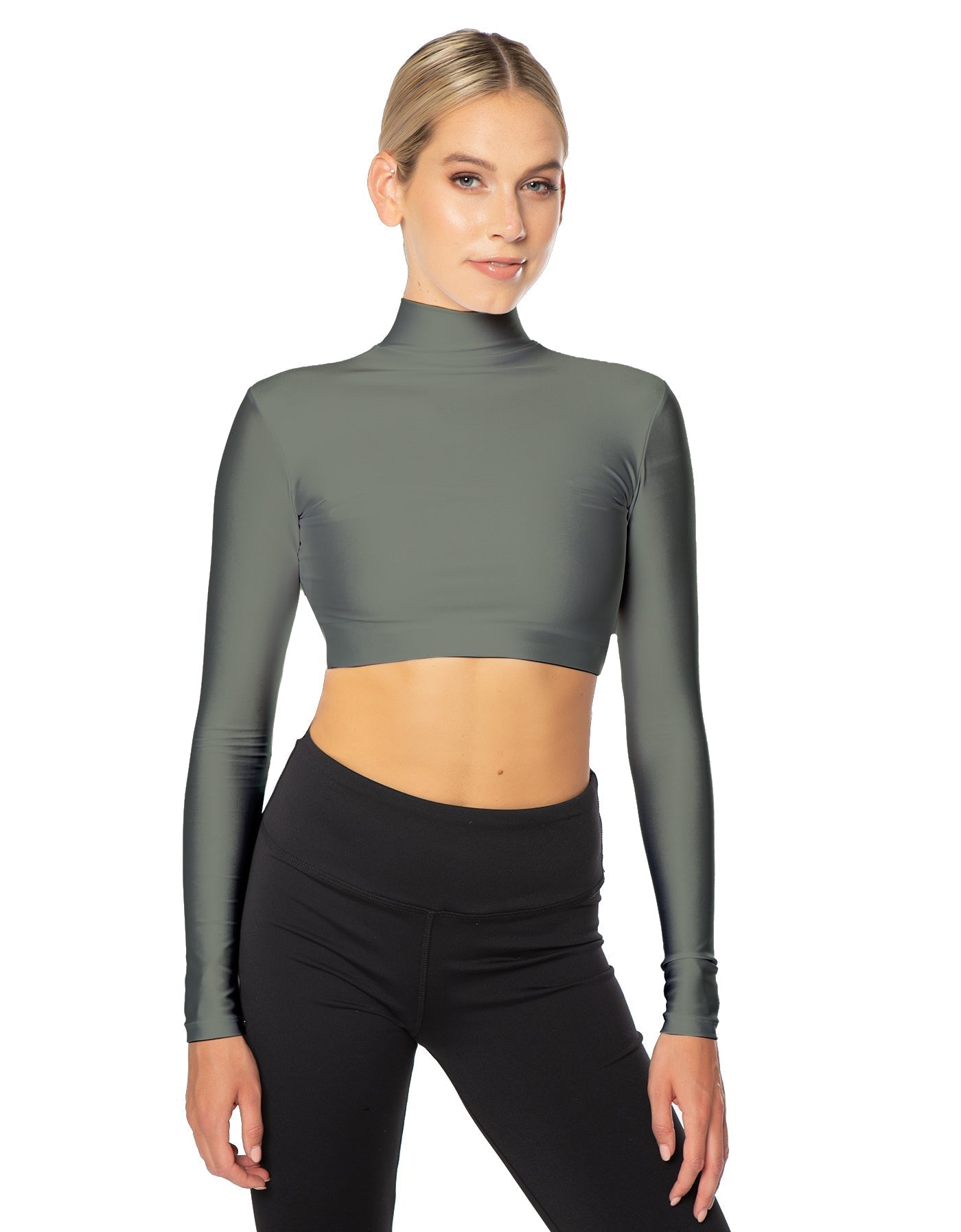 Solid Lycra LS Tneck Triangle Back Crop Top