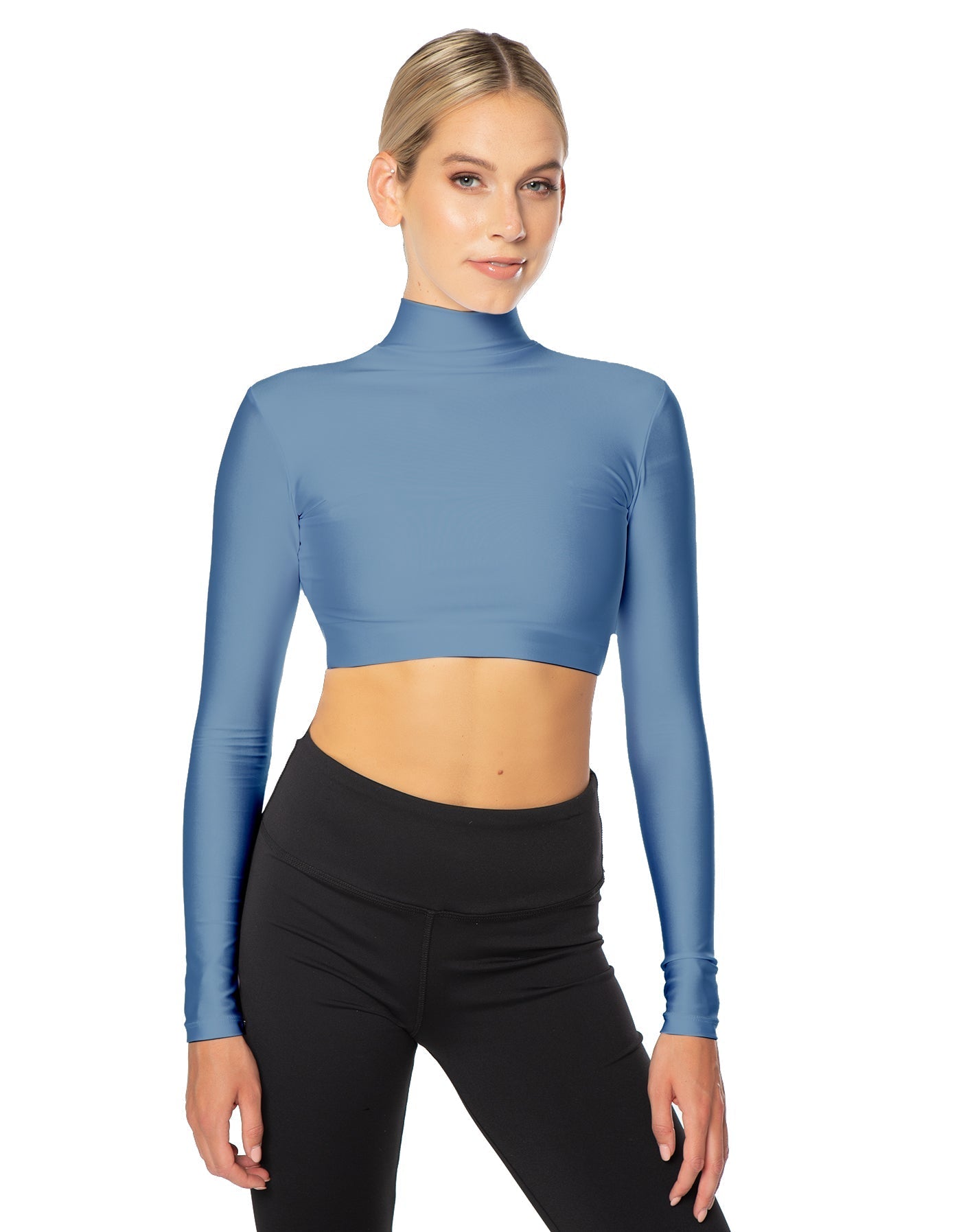 Solid Lycra LS Tneck Triangle Back Crop Top