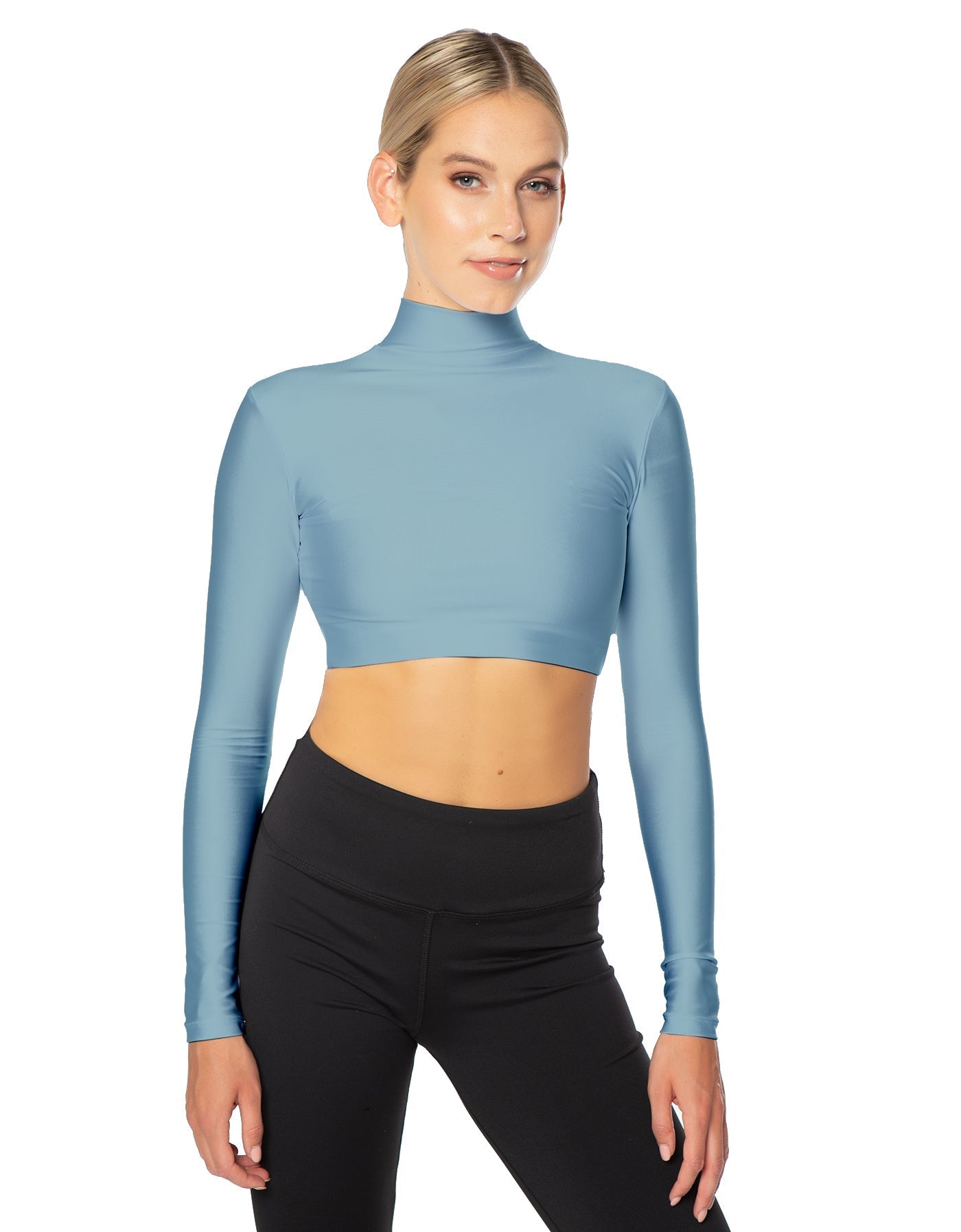 Solid Lycra LS Tneck Triangle Back Crop Top