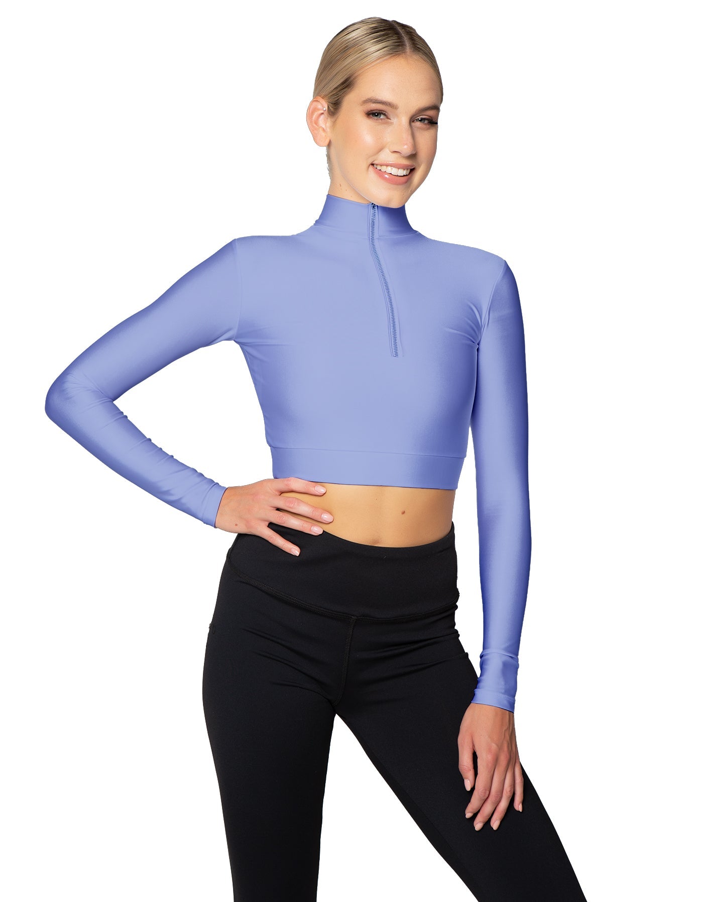 Solid Lycra LS Tneck Zipper Front Crop Top