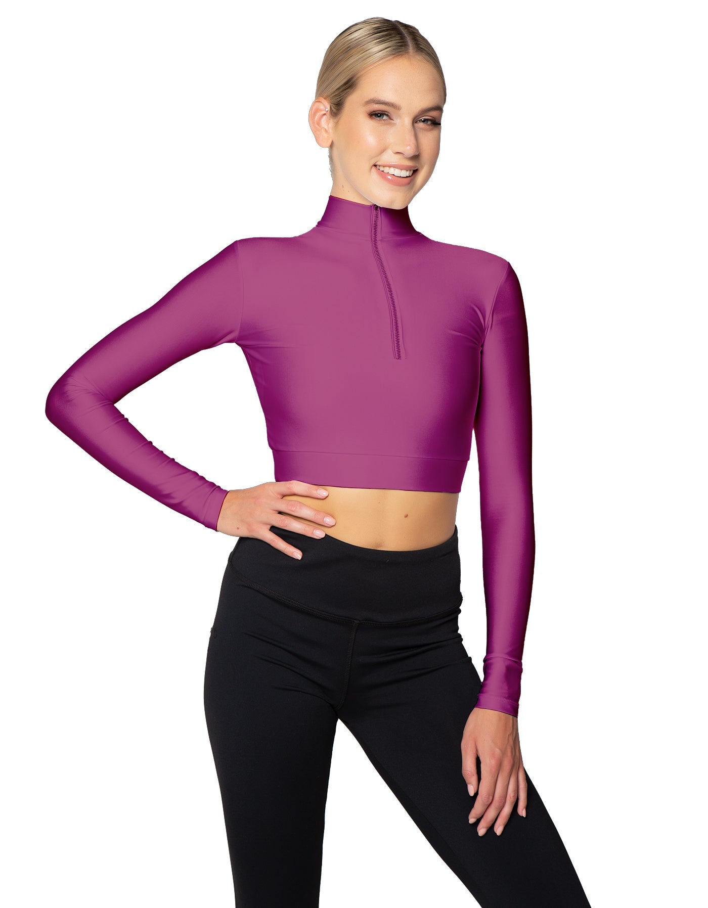 Solid Lycra LS Tneck Zipper Front Crop Top