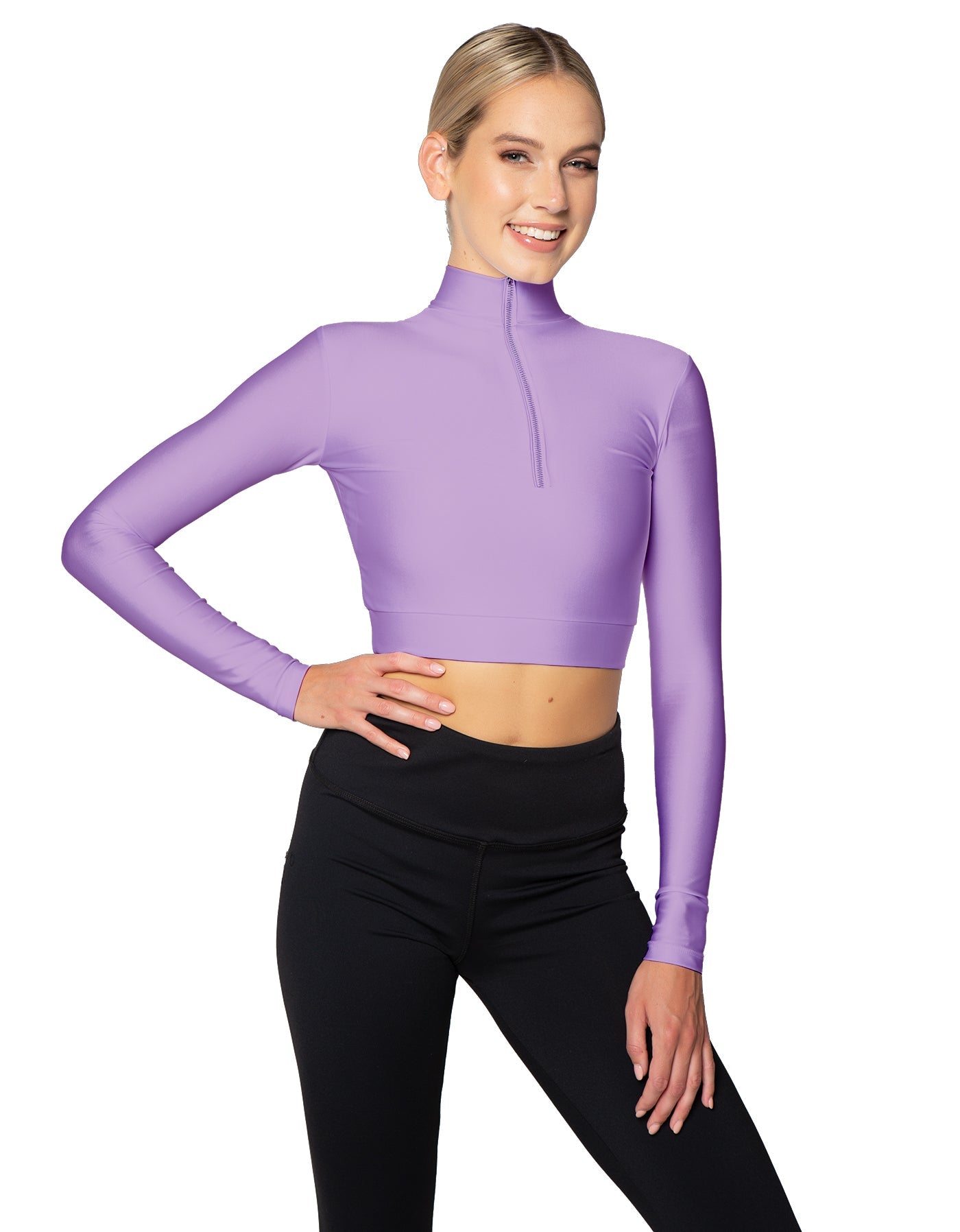 Solid Lycra LS Tneck Zipper Front Crop Top