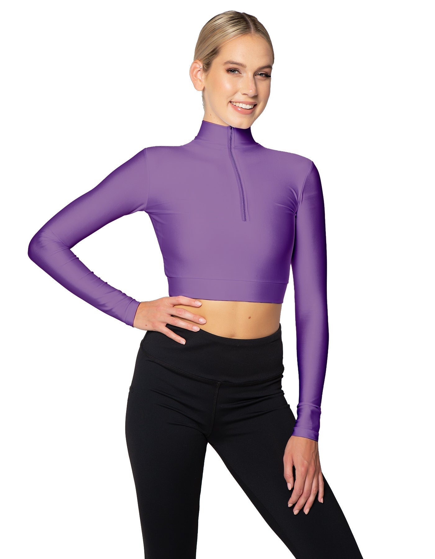 Solid Lycra LS Tneck Zipper Front Crop Top