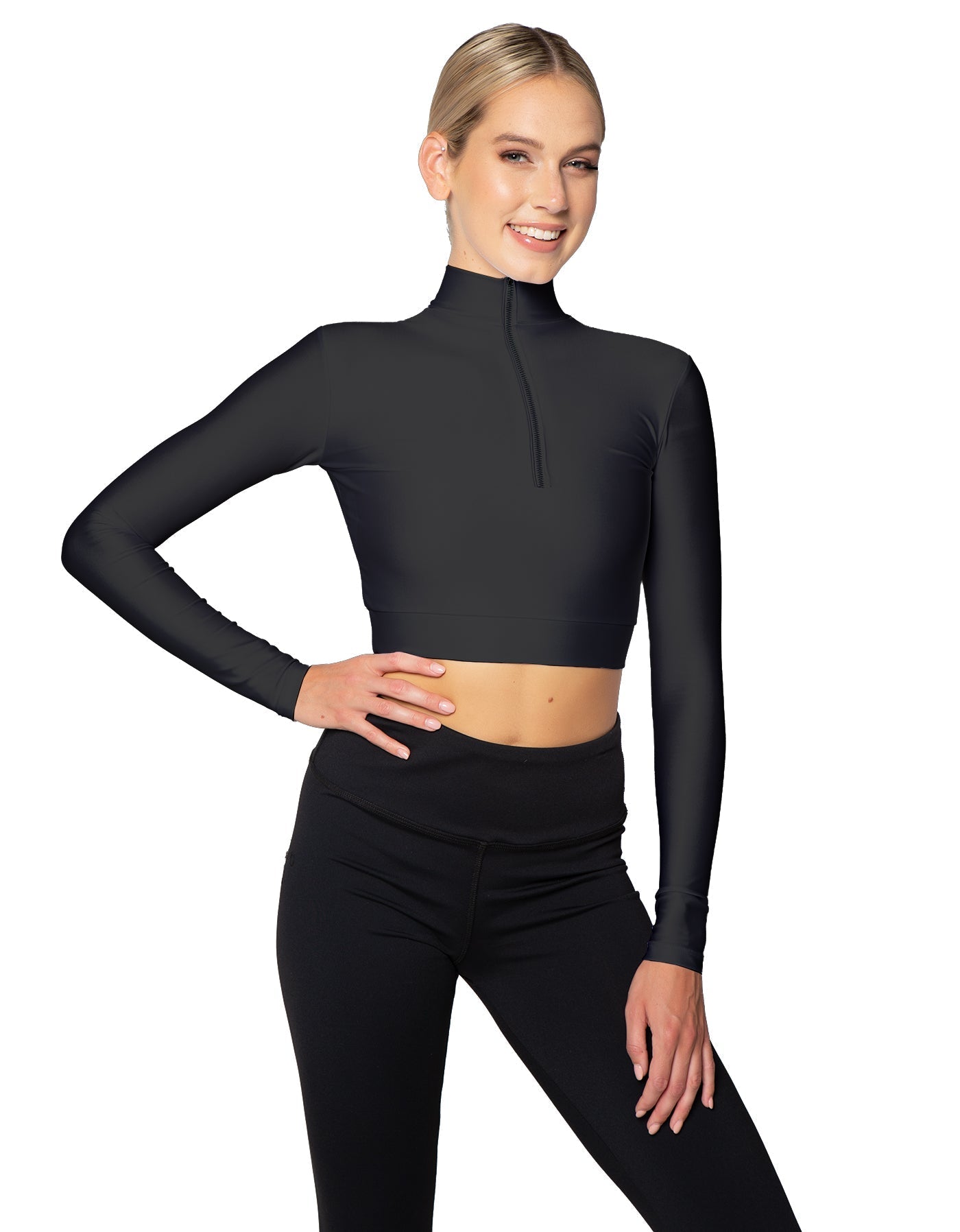 Solid Lycra LS Tneck Zipper Front Crop Top