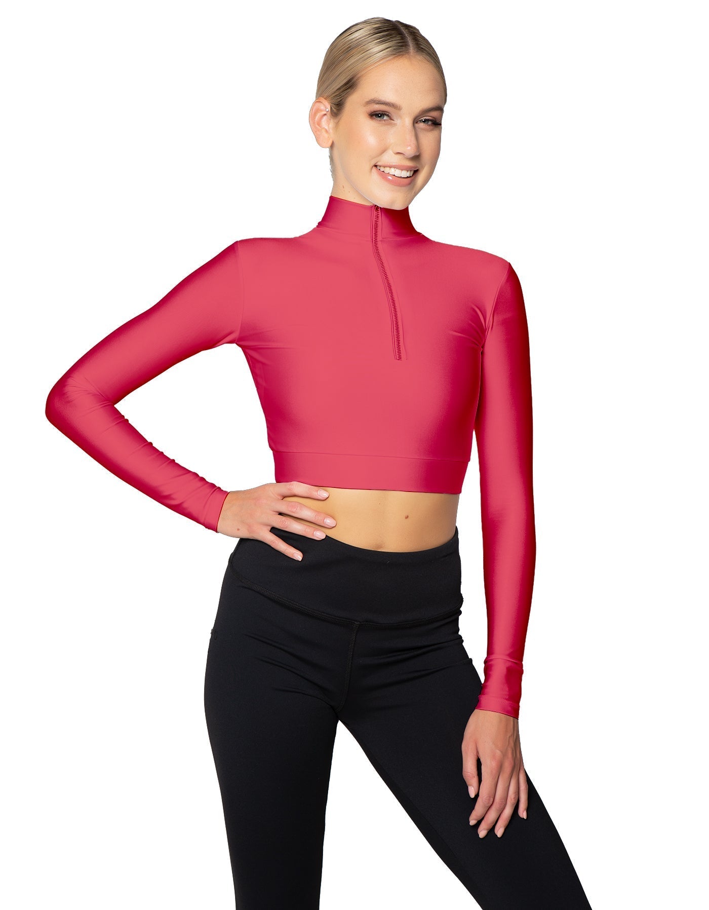 Solid Lycra LS Tneck Zipper Front Crop Top