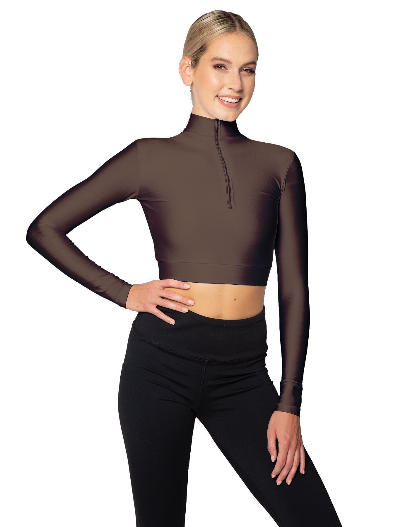 Solid Lycra LS Tneck Zipper Front Crop Top