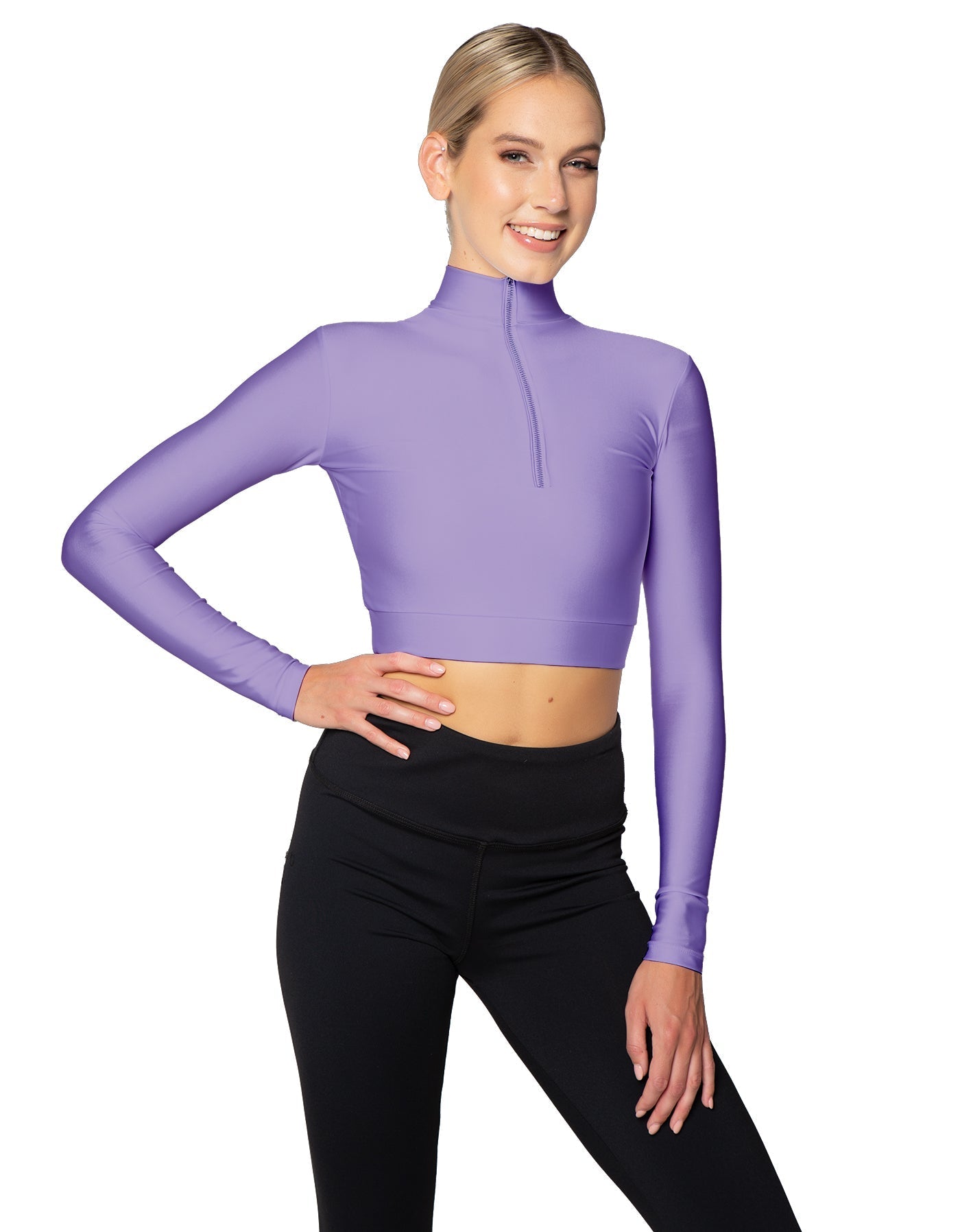 Solid Lycra LS Tneck Zipper Front Crop Top