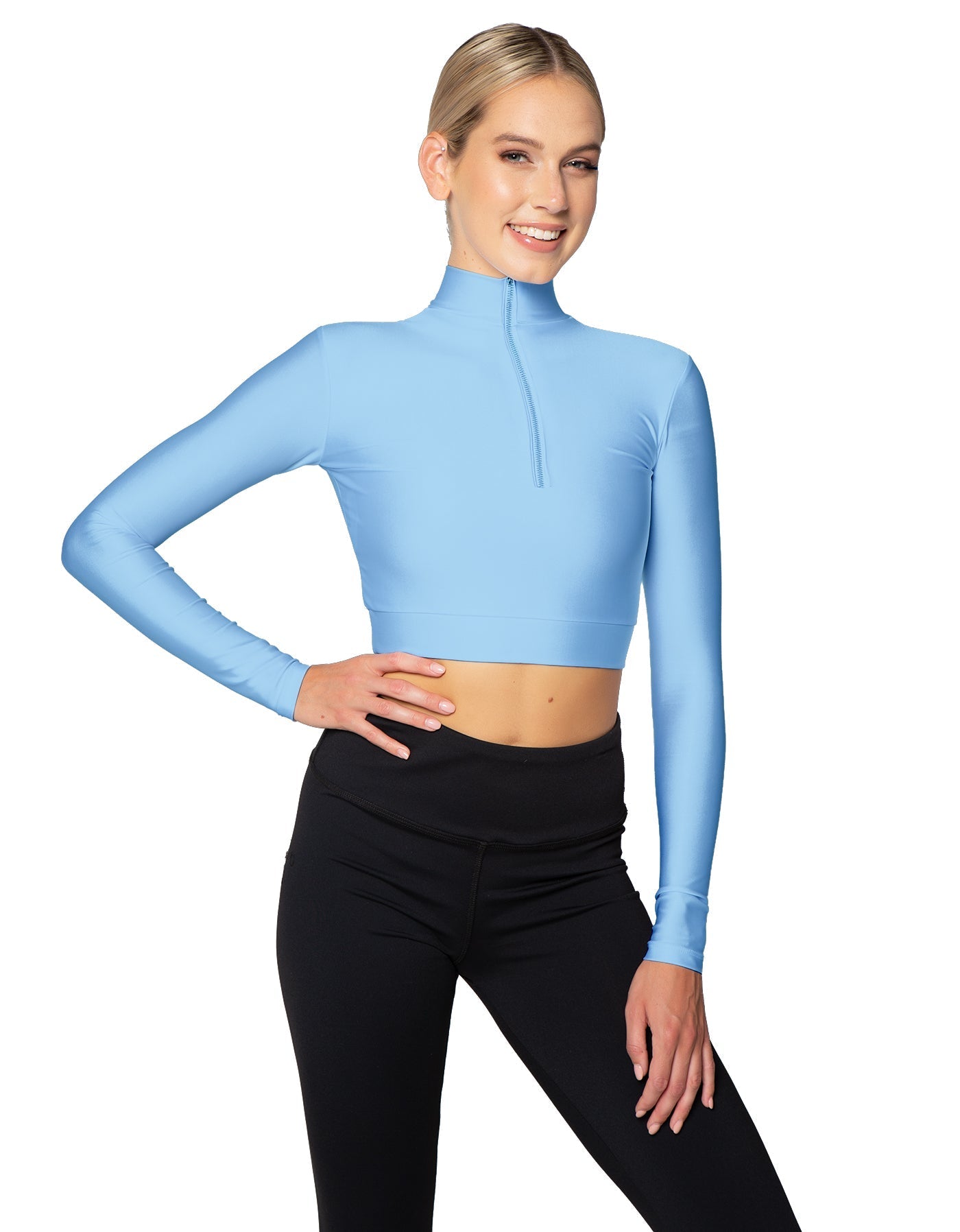 Solid Lycra LS Tneck Zipper Front Crop Top