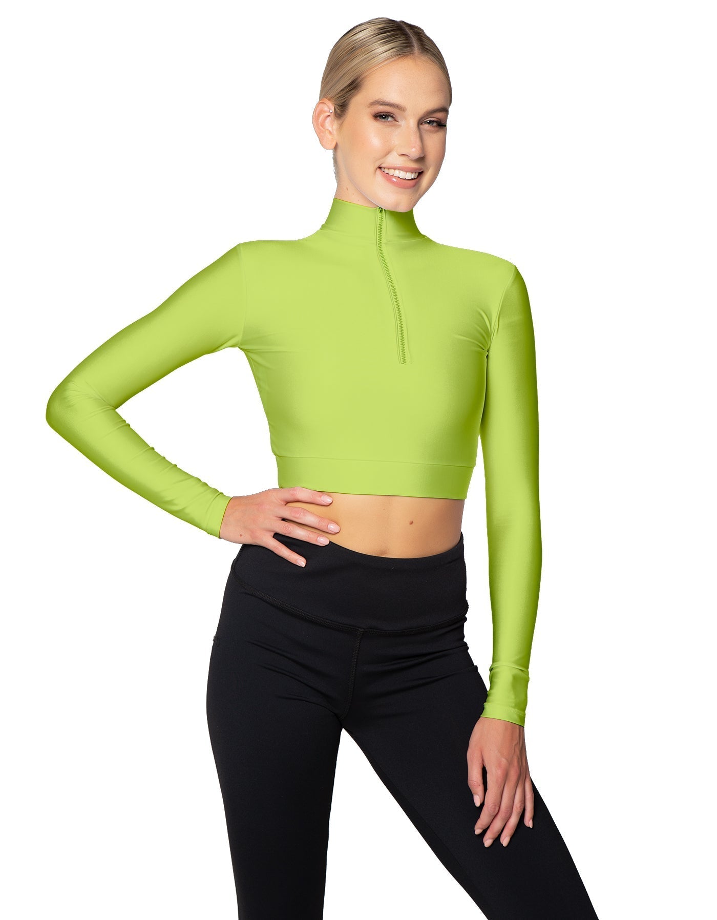 Solid Lycra LS Tneck Zipper Front Crop Top