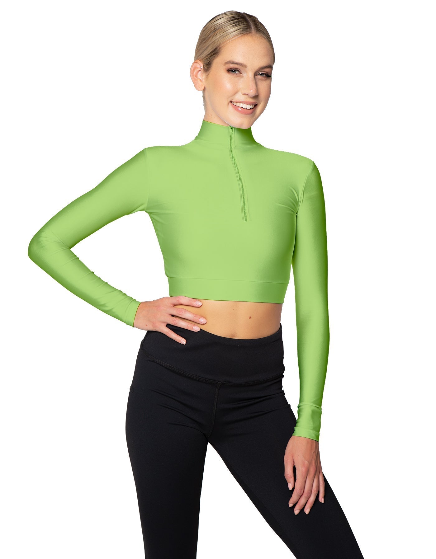 Solid Lycra LS Tneck Zipper Front Crop Top