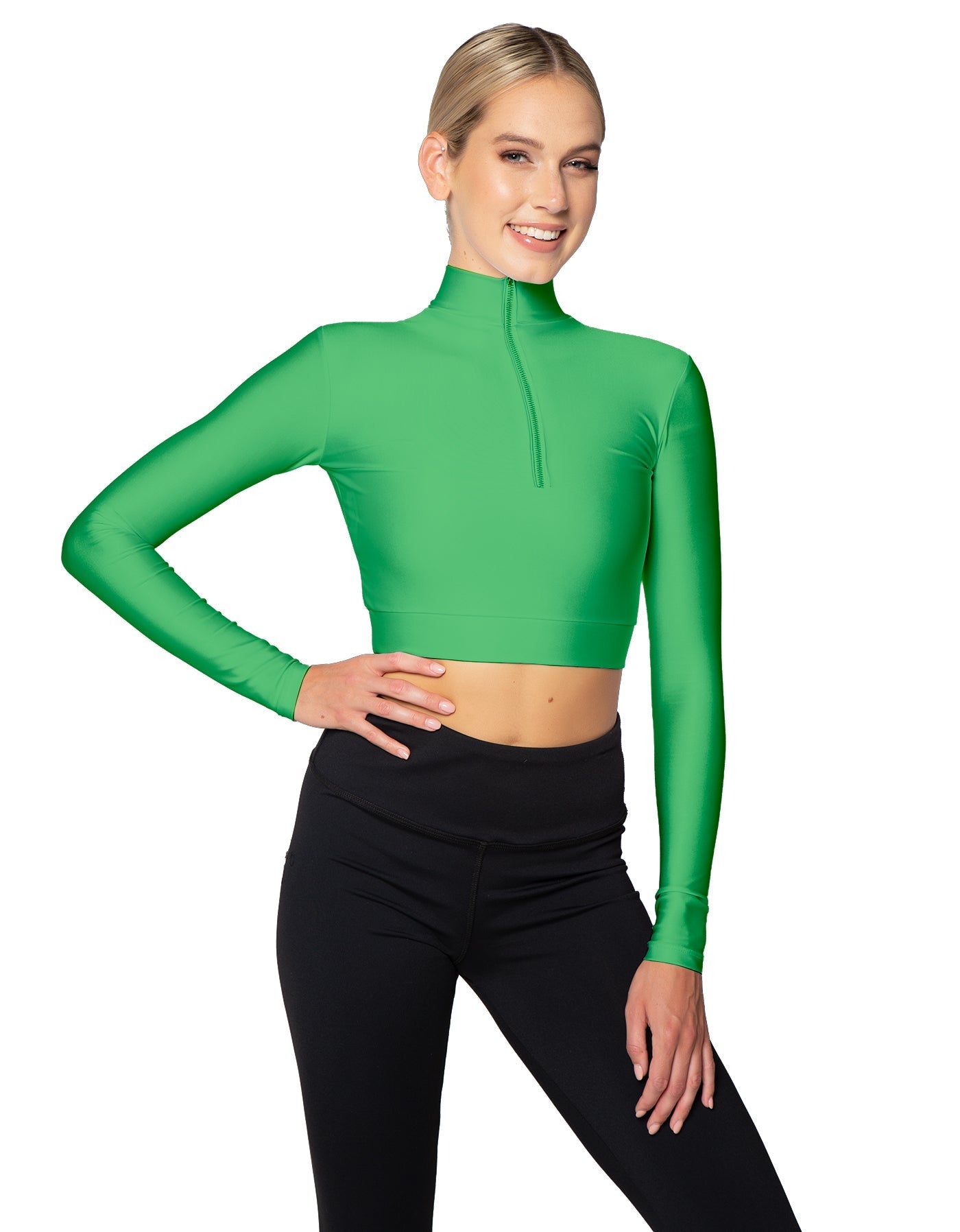 Solid Lycra LS Tneck Zipper Front Crop Top