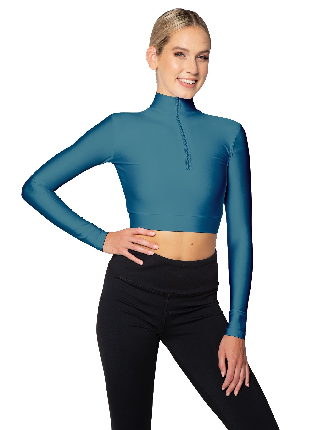 Solid Lycra LS Tneck Zipper Front Crop Top