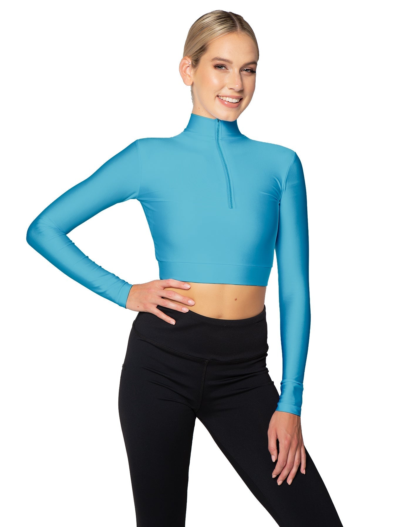 Solid Lycra LS Tneck Zipper Front Crop Top