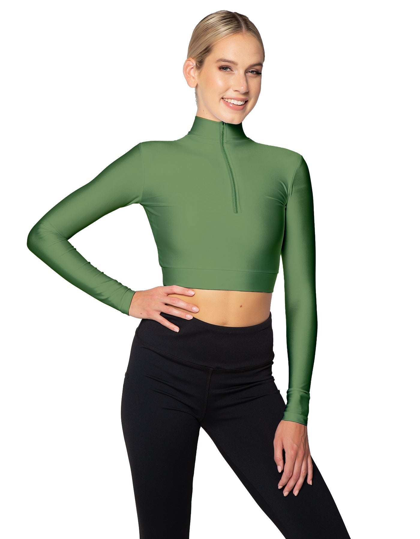 Solid Lycra LS Tneck Zipper Front Crop Top