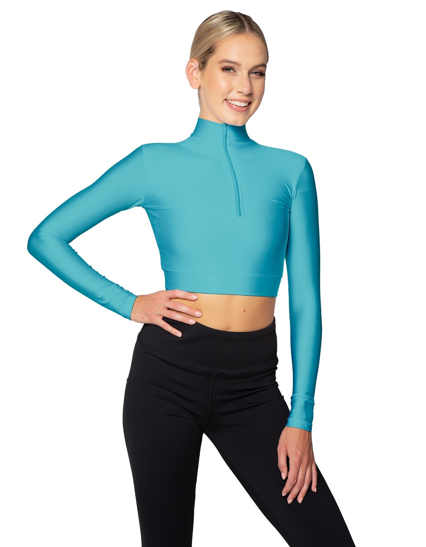 Solid Lycra LS Tneck Zipper Front Crop Top