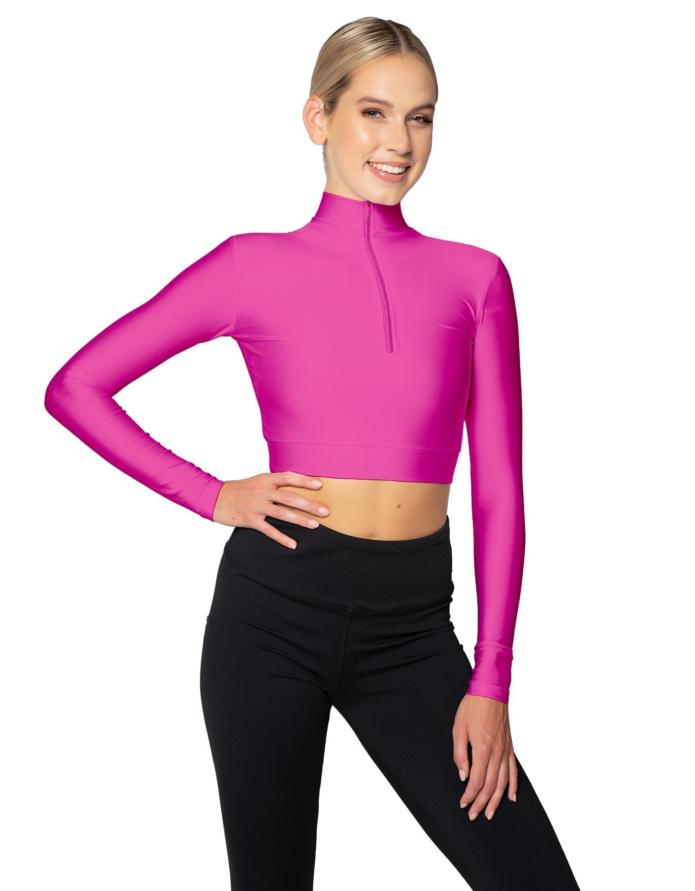 Solid Lycra LS Tneck Zipper Front Crop Top