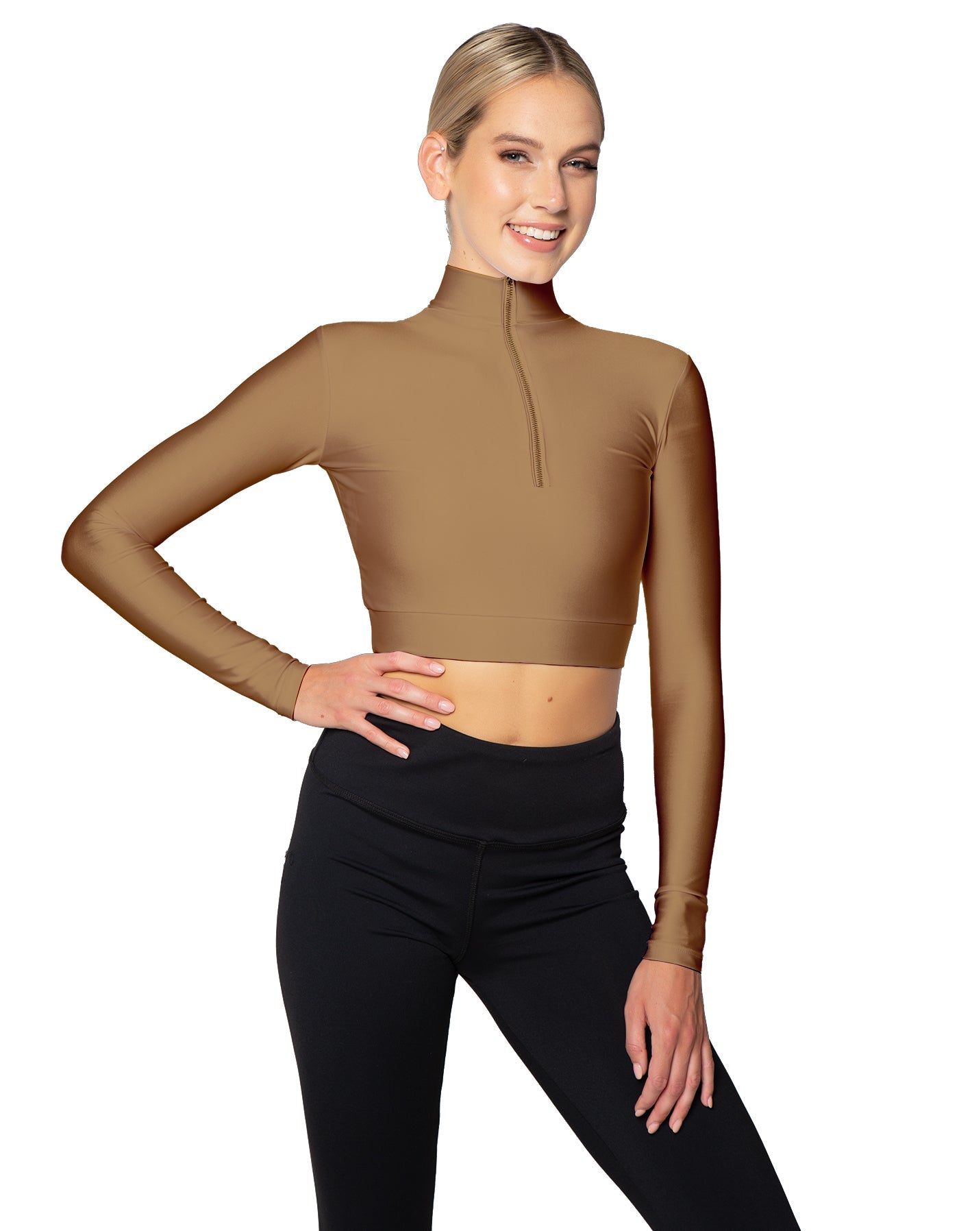 Solid Lycra LS Tneck Zipper Front Crop Top