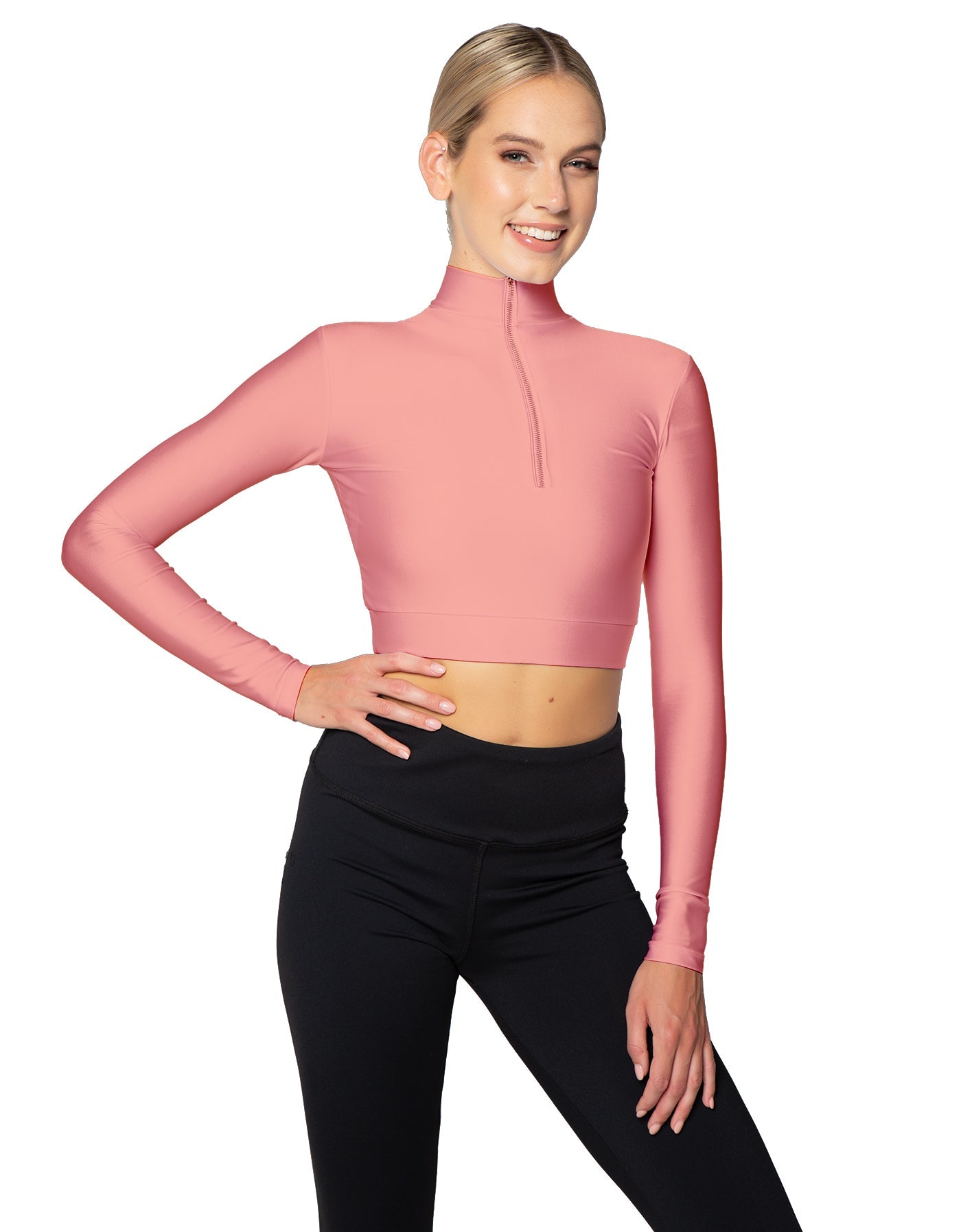 Solid Lycra LS Tneck Zipper Front Crop Top