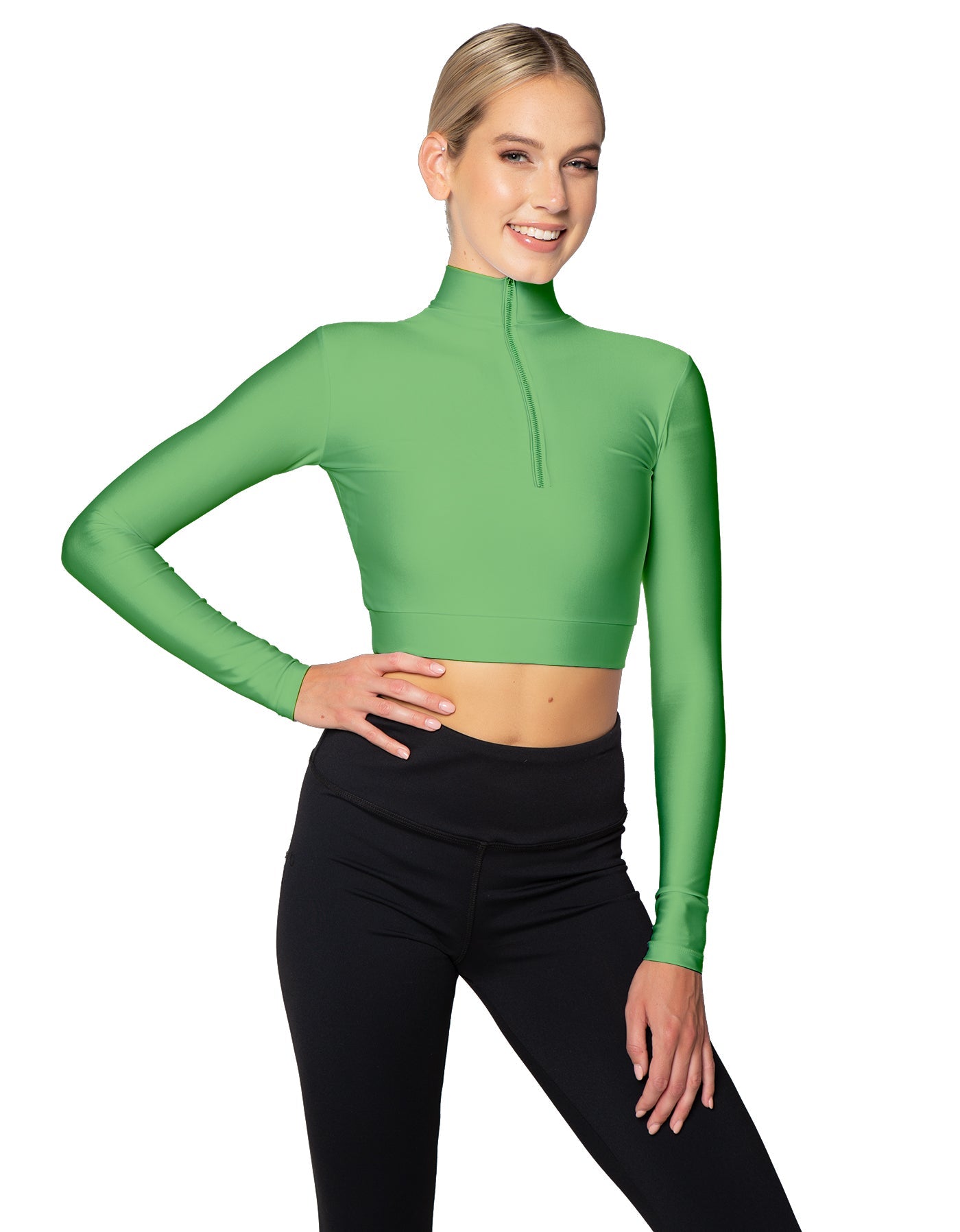 Solid Lycra LS Tneck Zipper Front Crop Top