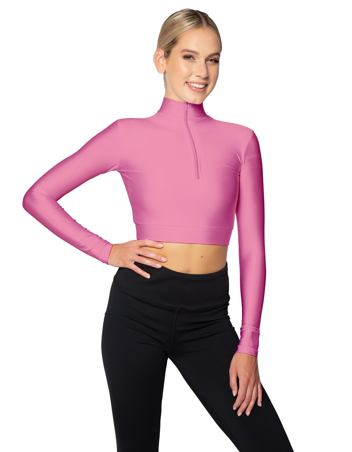 Solid Lycra LS Tneck Zipper Front Crop Top