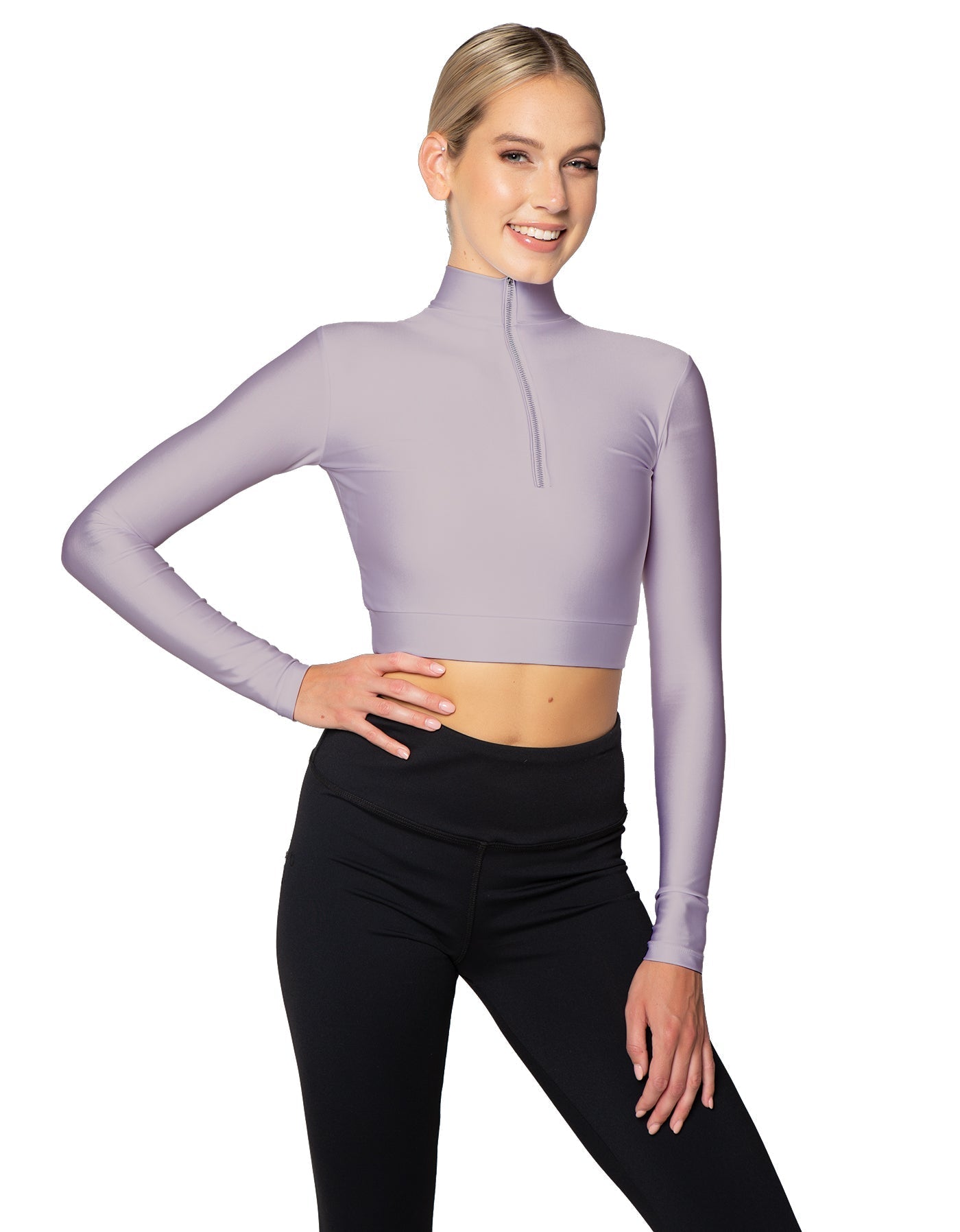 Solid Lycra LS Tneck Zipper Front Crop Top