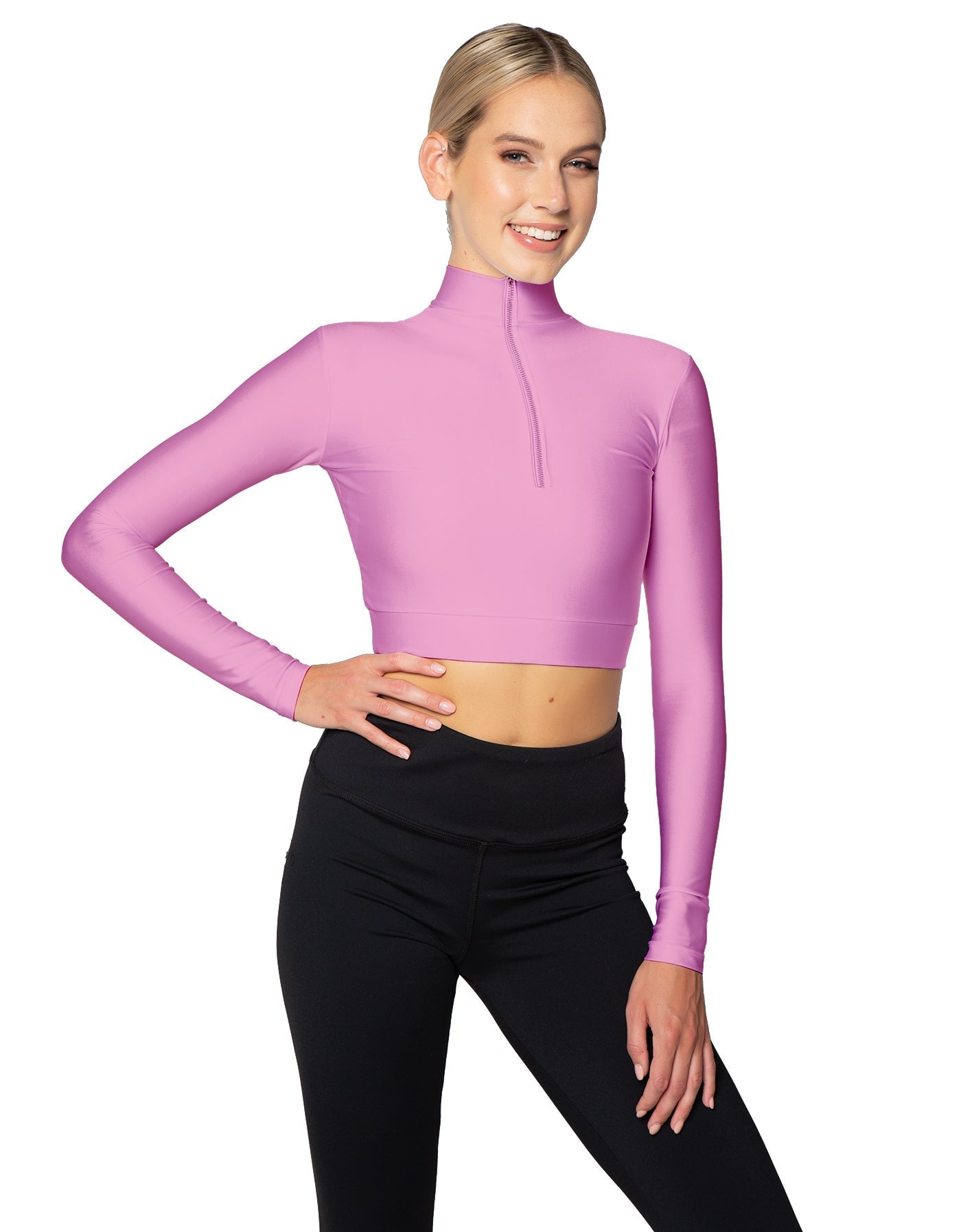 Solid Lycra LS Tneck Zipper Front Crop Top