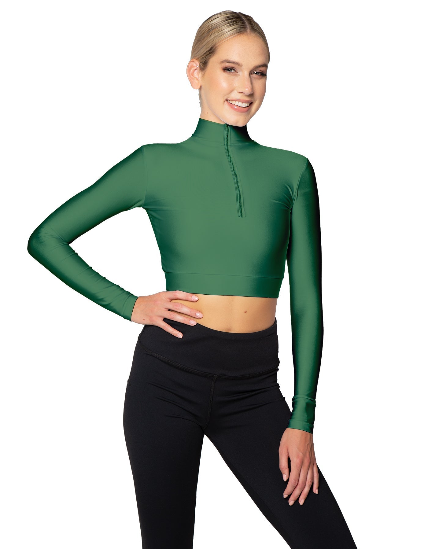 Solid Lycra LS Tneck Zipper Front Crop Top