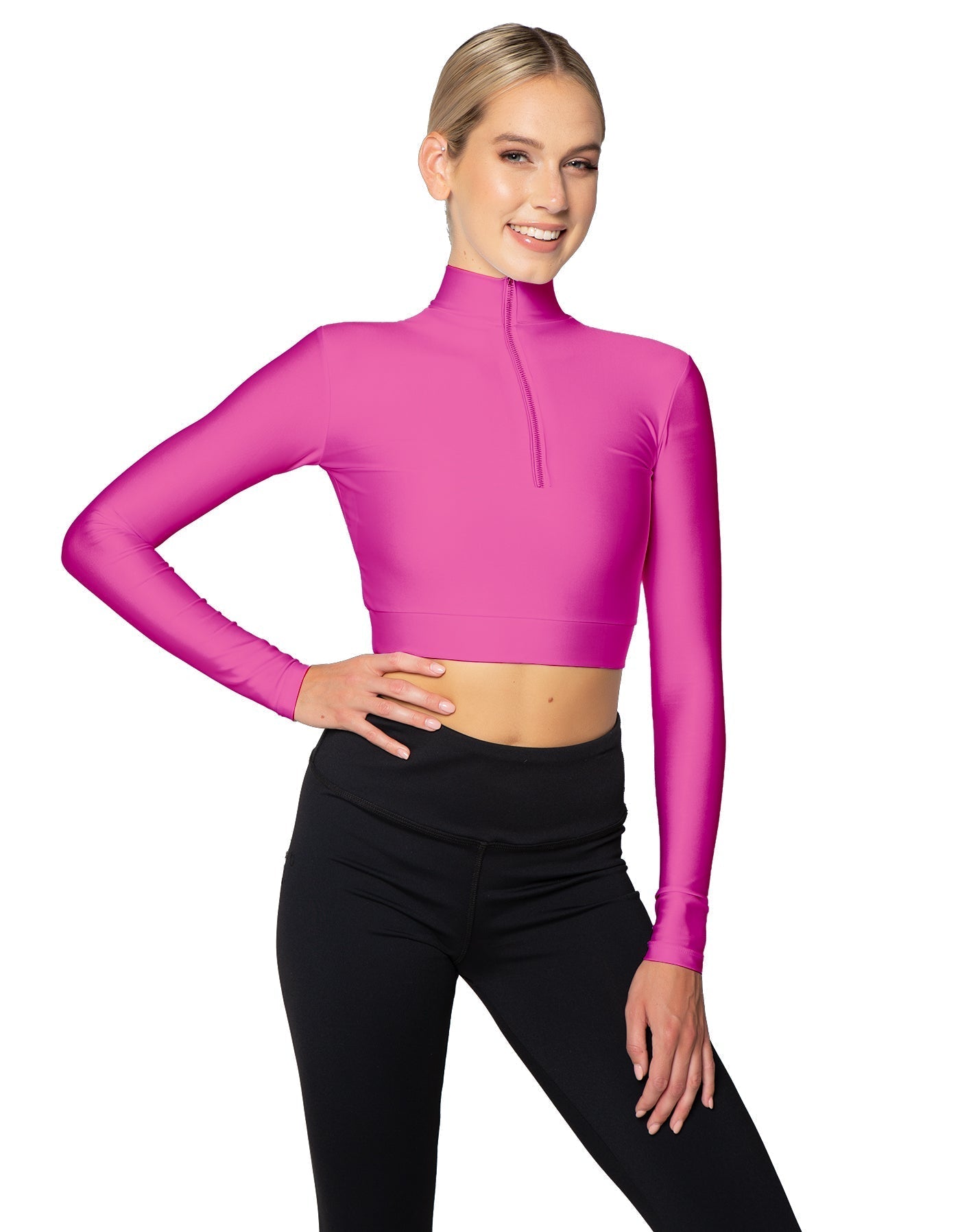 Solid Lycra LS Tneck Zipper Front Crop Top