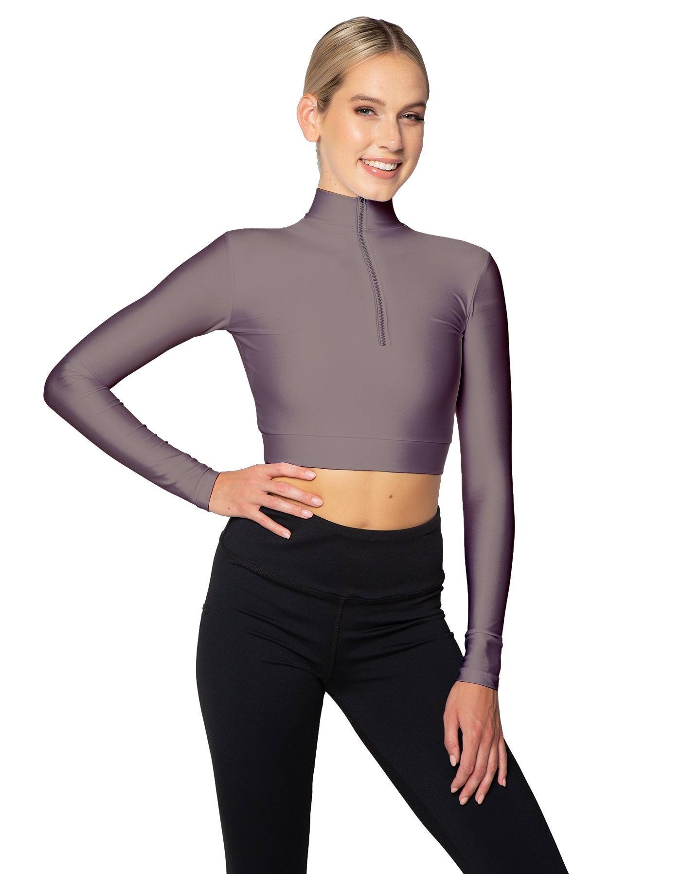 Solid Lycra LS Tneck Zipper Front Crop Top