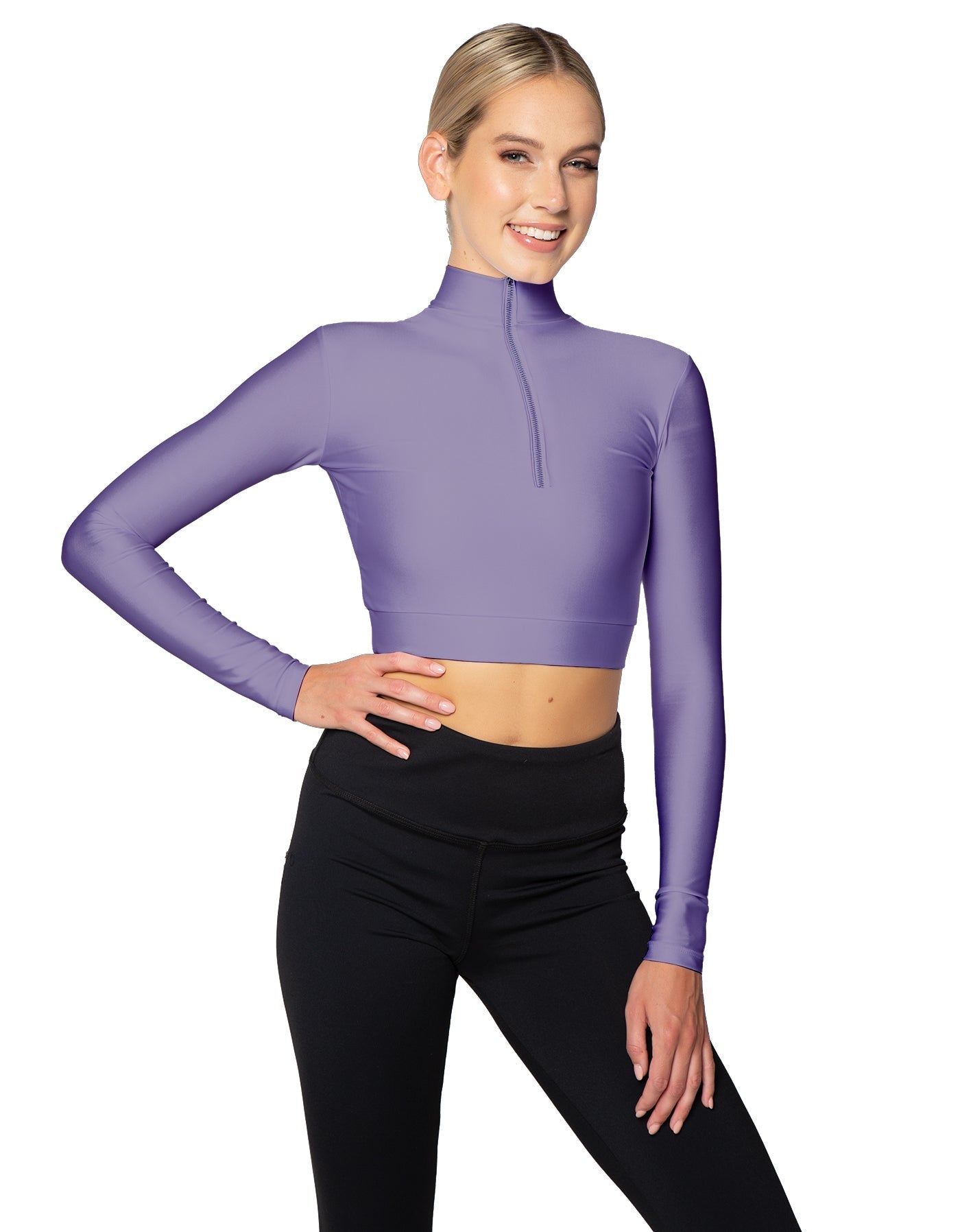 Solid Lycra LS Tneck Zipper Front Crop Top