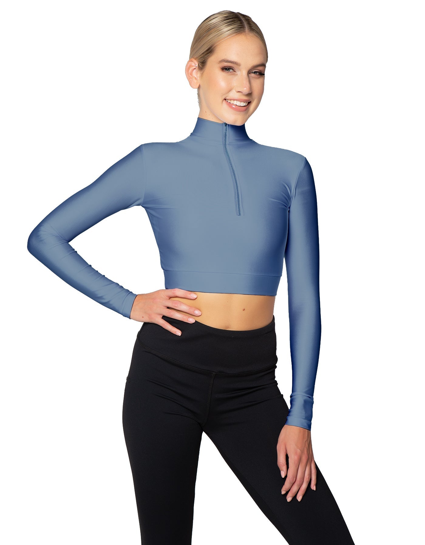 Solid Lycra LS Tneck Zipper Front Crop Top