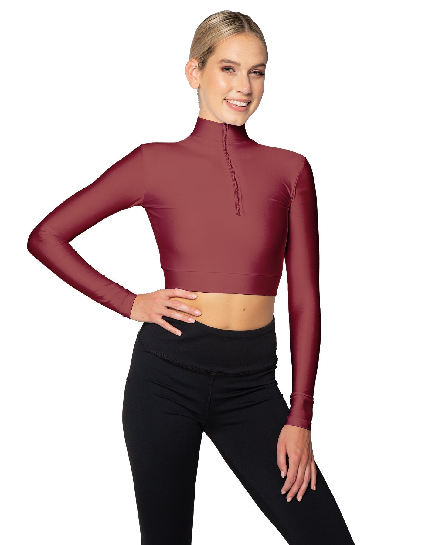 Solid Lycra LS Tneck Zipper Front Crop Top