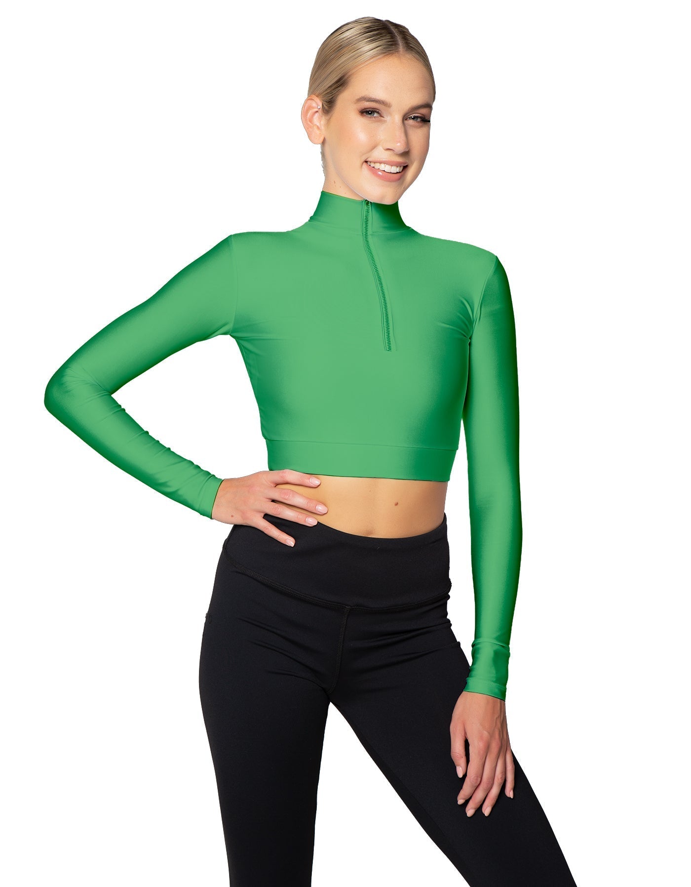 Solid Lycra LS Tneck Zipper Front Crop Top