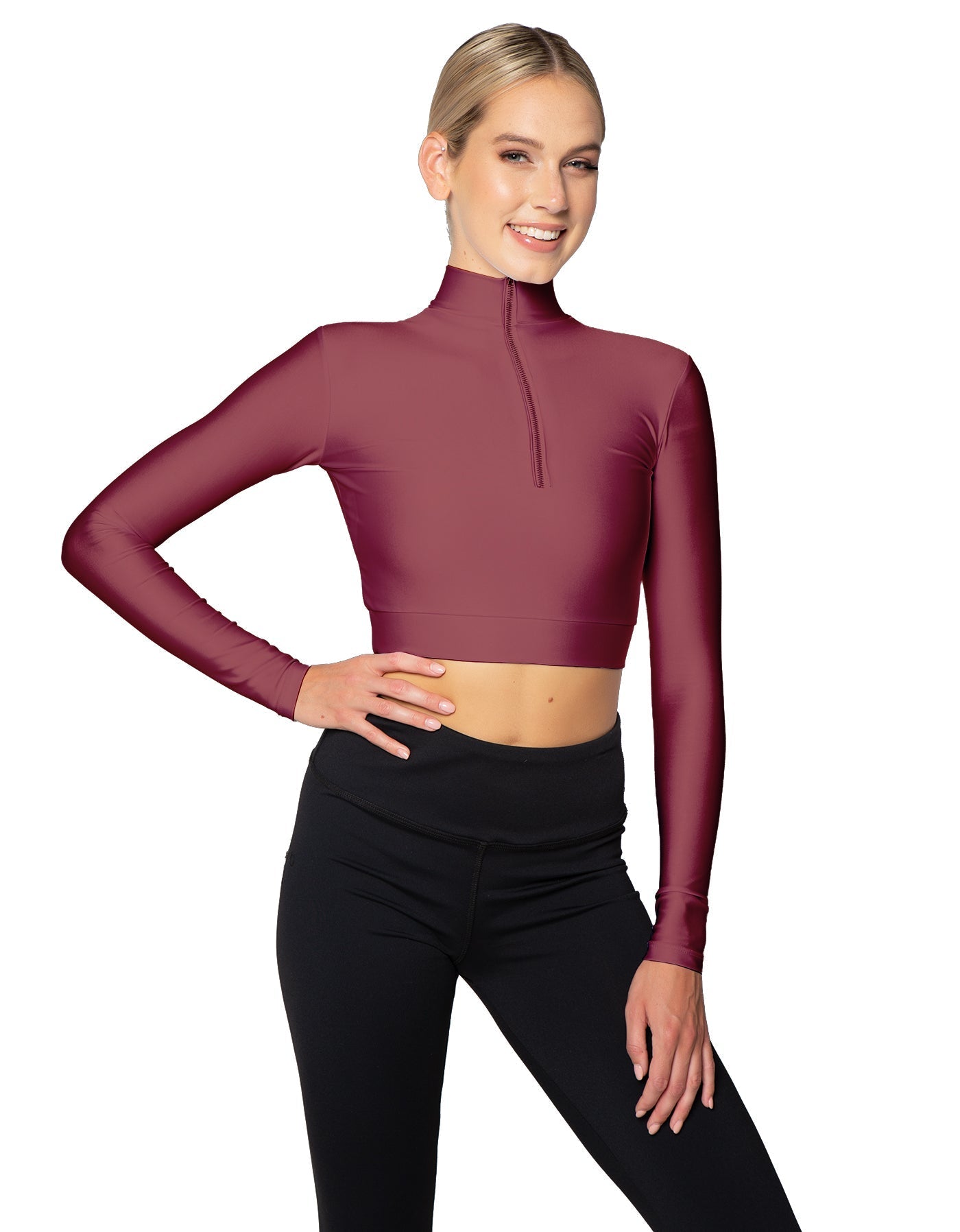Solid Lycra LS Tneck Zipper Front Crop Top