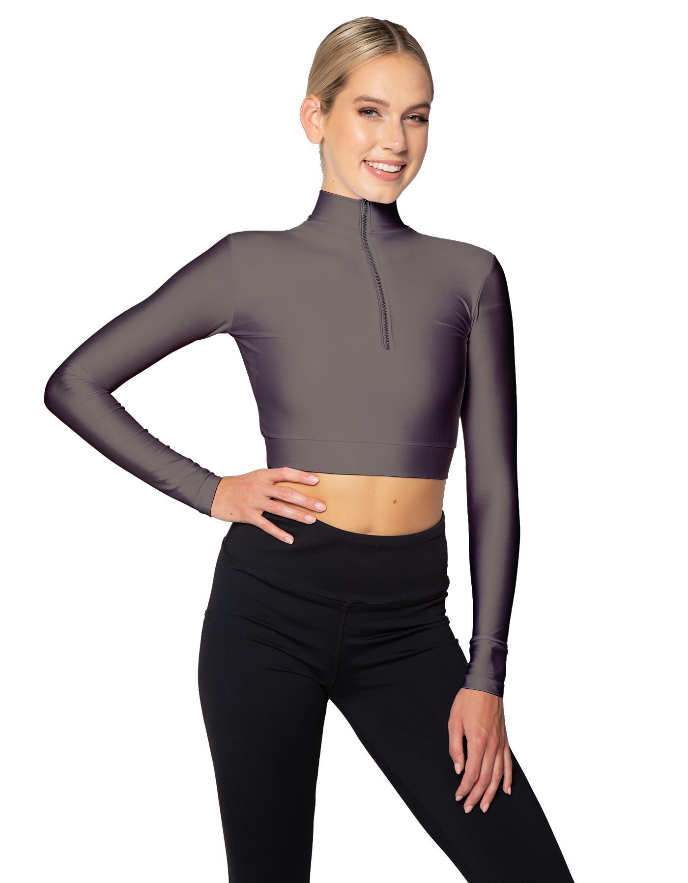Solid Lycra LS Tneck Zipper Front Crop Top