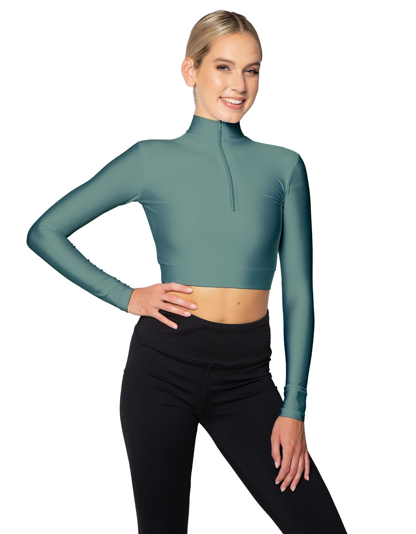Solid Lycra LS Tneck Zipper Front Crop Top